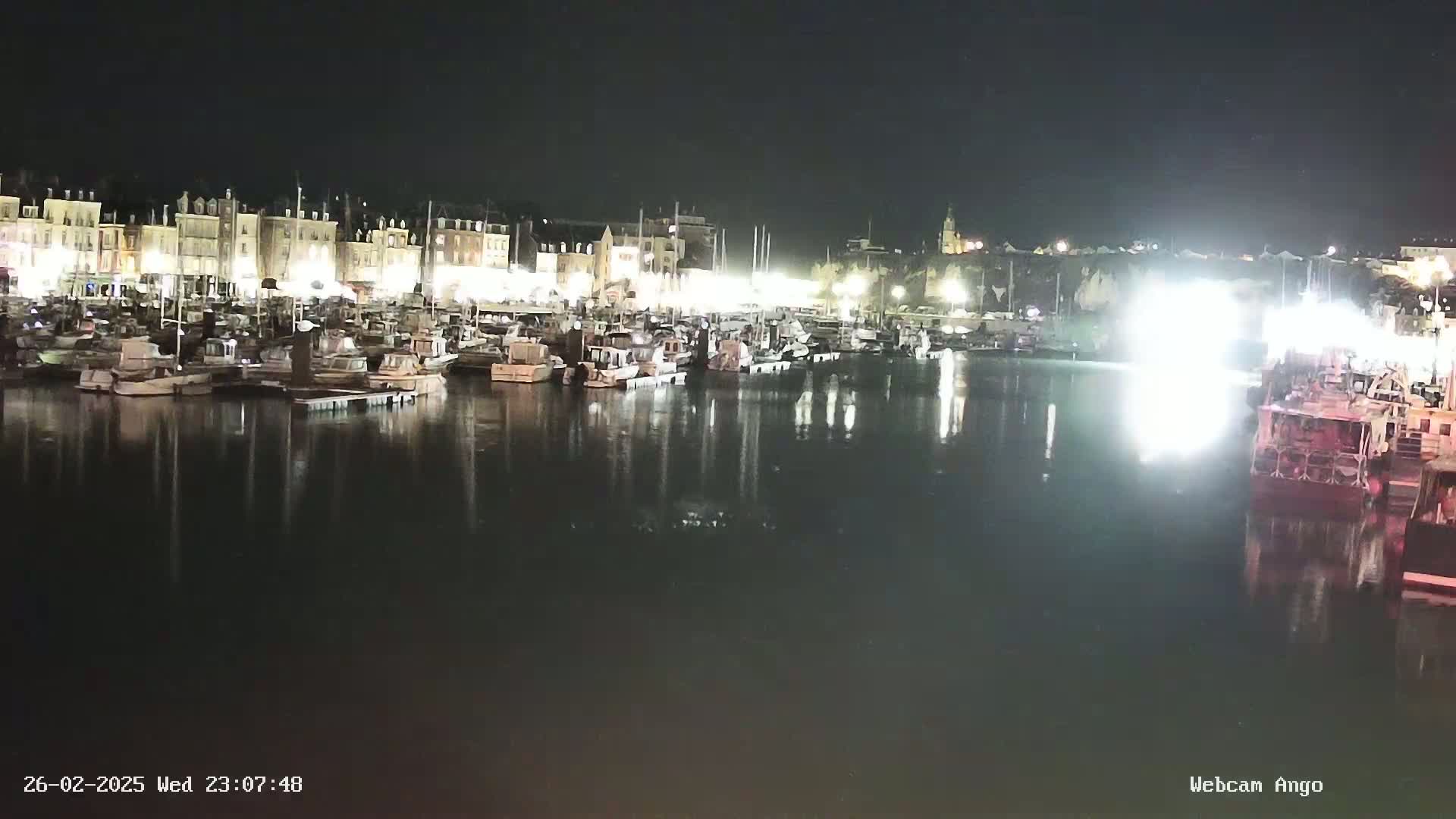 Many boats are moored in a harbor at night, illuminated by lights along a waterfront of buildings.