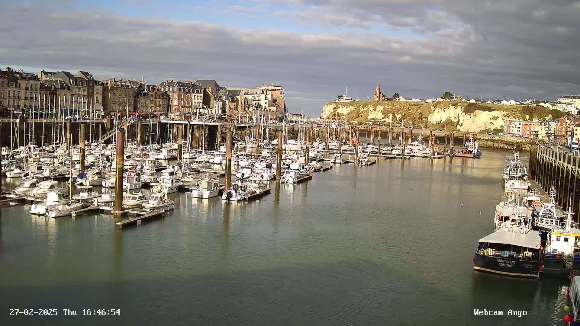 A harbor filled with numerous boats is situated in front of a town built on a cliffside, under a partly cloudy sky.