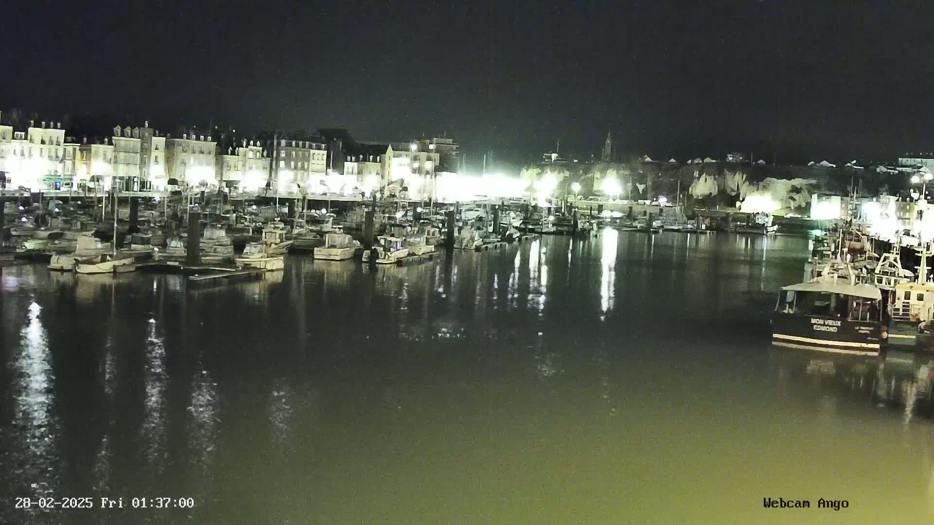 A nighttime harbor scene shows numerous boats docked along a waterfront lined with buildings, reflecting in calm water.