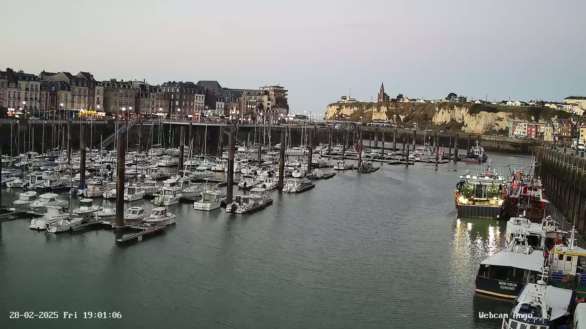 A harbor filled with numerous boats and yachts is situated next to a town with buildings lining the waterfront under a dusky sky.