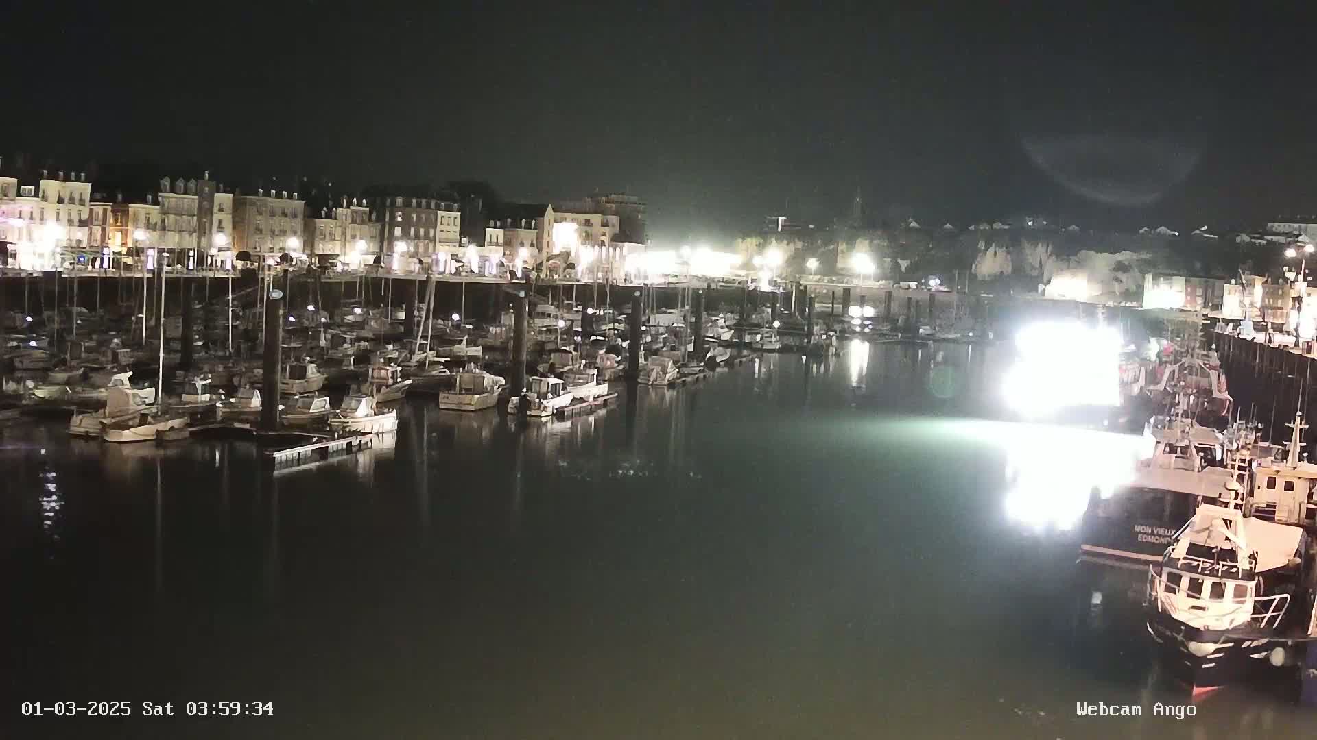 A nighttime view of a harbor filled with boats docked along a waterfront lined with buildings under a dark sky.