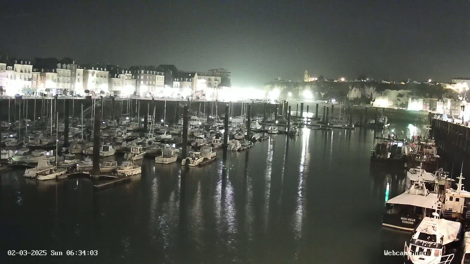A nighttime harbor scene shows many boats moored at docks in front of a line of buildings, under a dark, clear sky.