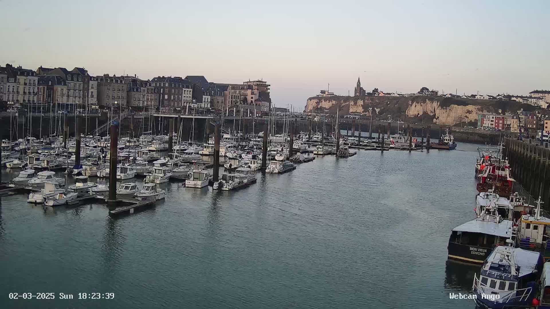A harbor filled with numerous boats and yachts is situated below a town built on a cliff, under a twilight sky.