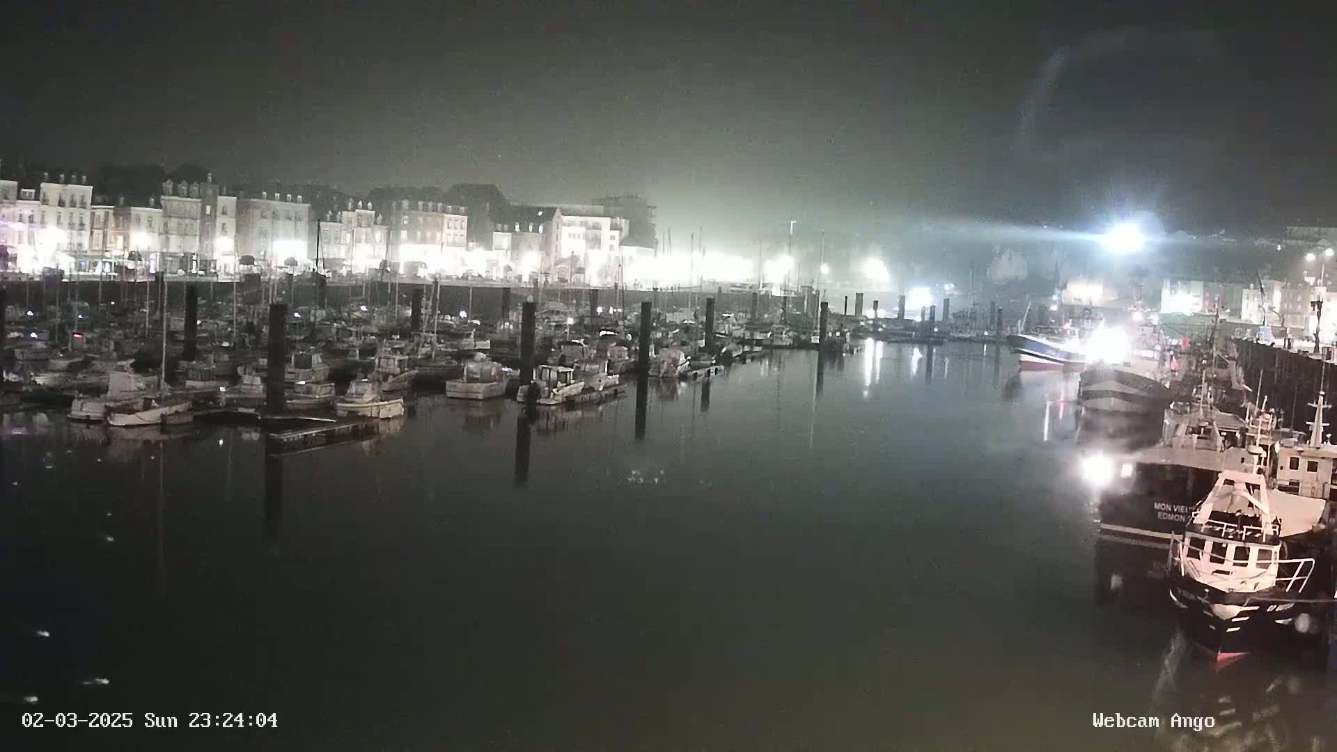 A nighttime harbor scene shows many boats docked along a waterfront with buildings lit up in the background under a foggy sky.