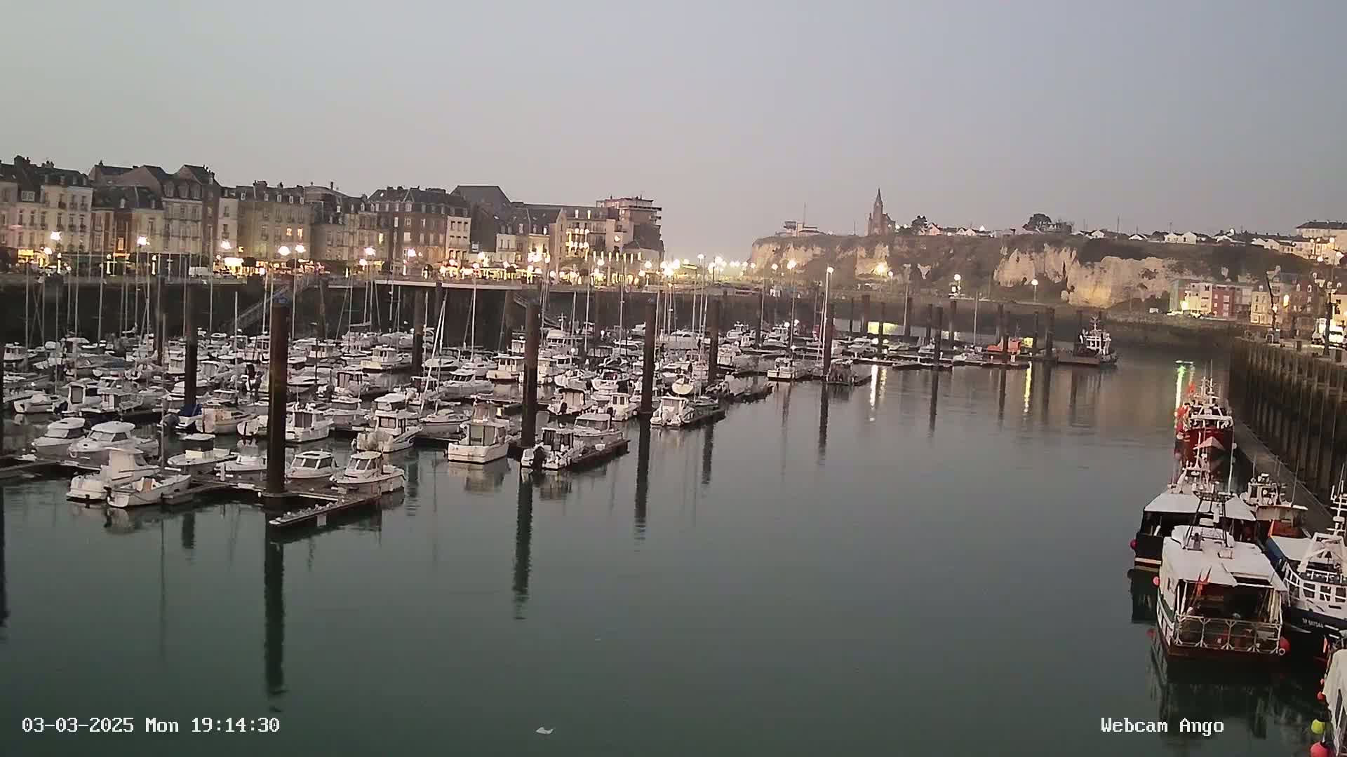 A marina filled with numerous docked boats is situated in front of a town under a twilight sky.
