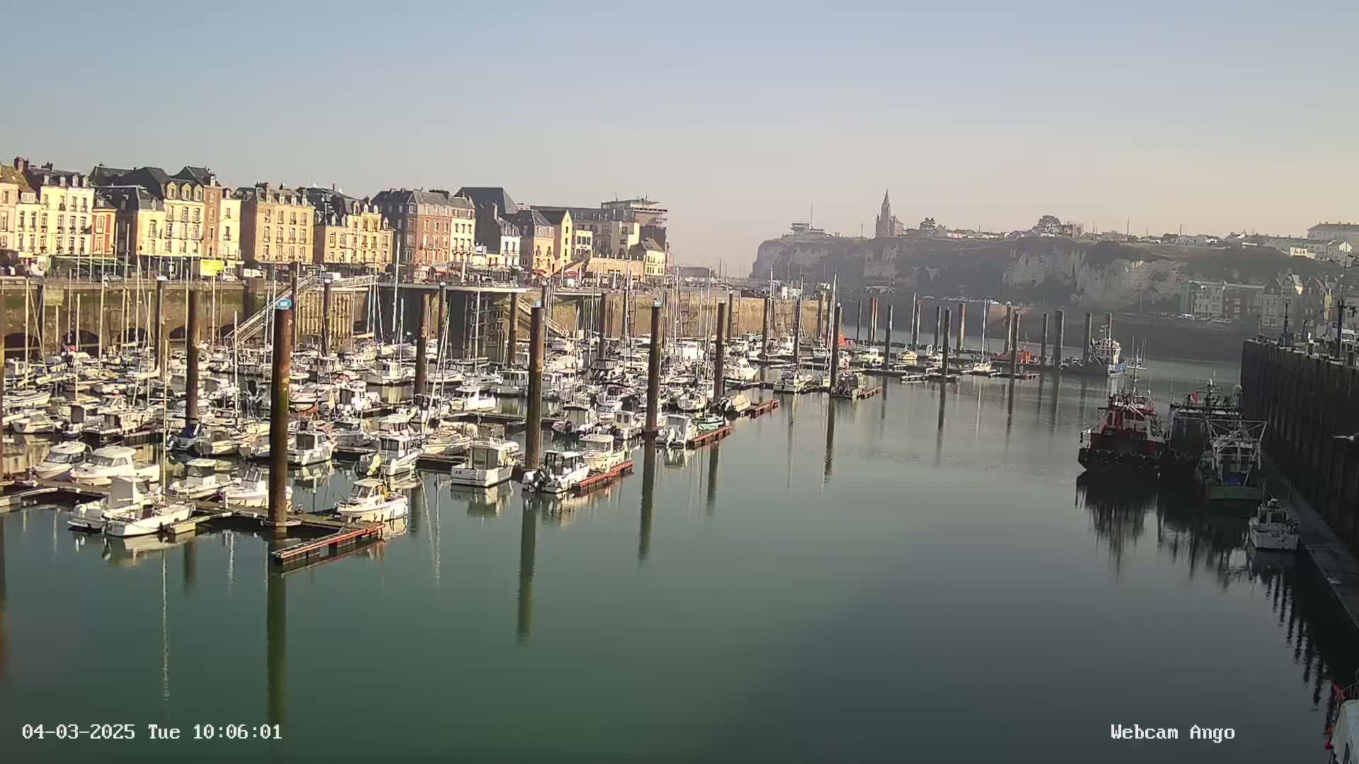 A marina filled with numerous boats is situated in front of a waterfront town on a clear, sunny day.