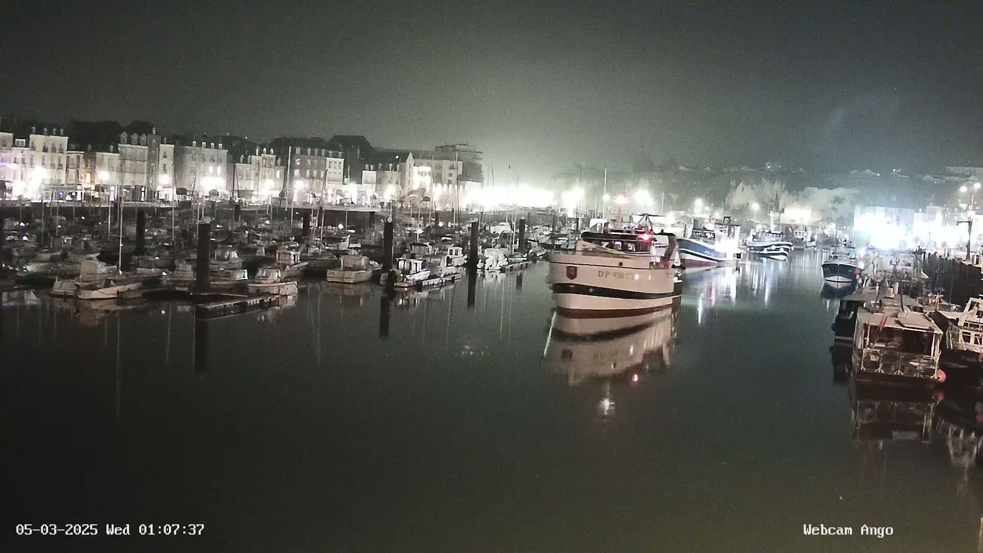 A harbor filled with numerous boats at night under foggy conditions, is illuminated by lights from buildings along the shore.
