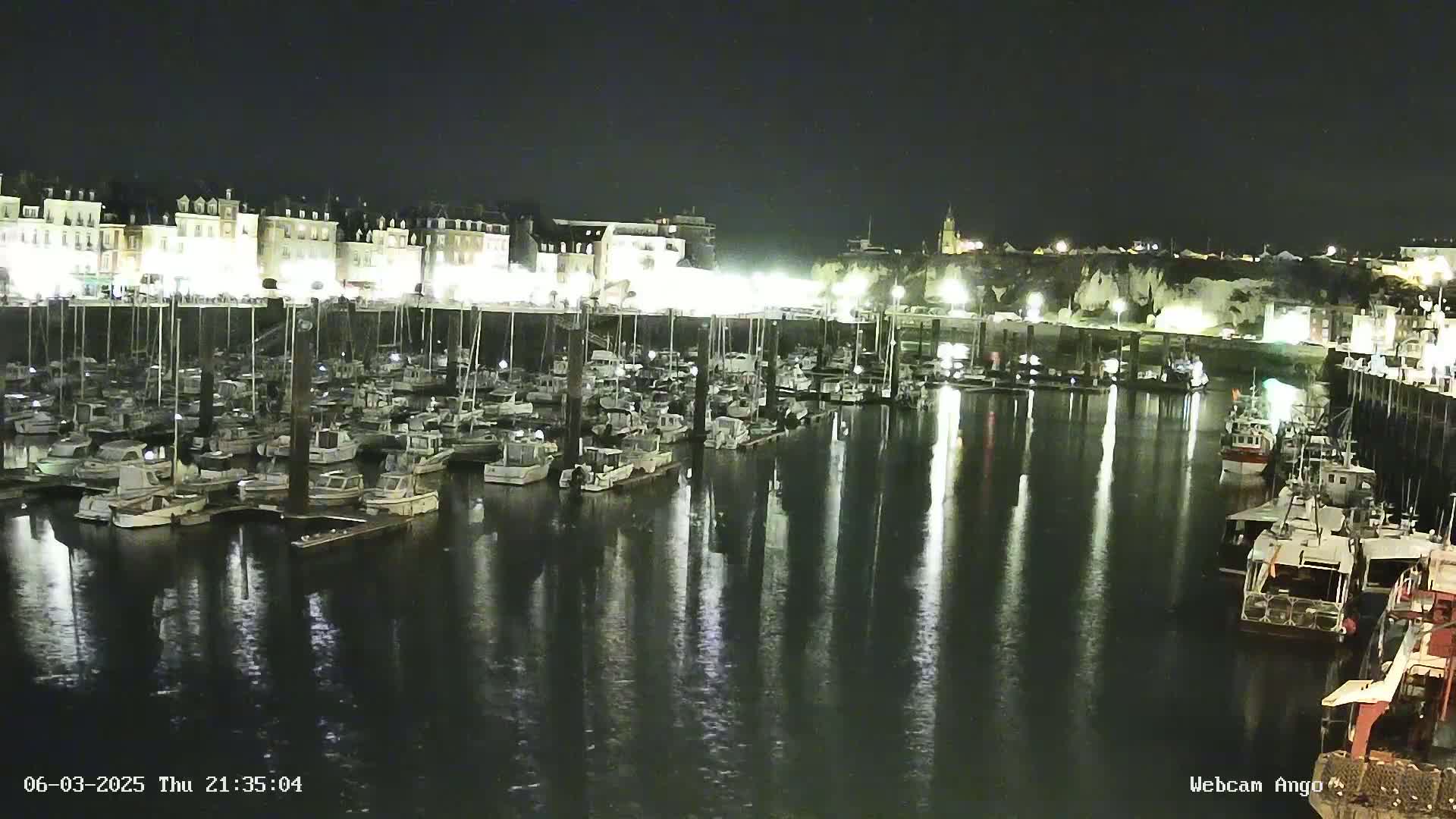 A nighttime view of a harbor filled with numerous boats moored alongside a waterfront lined with buildings, reflecting in calm water.