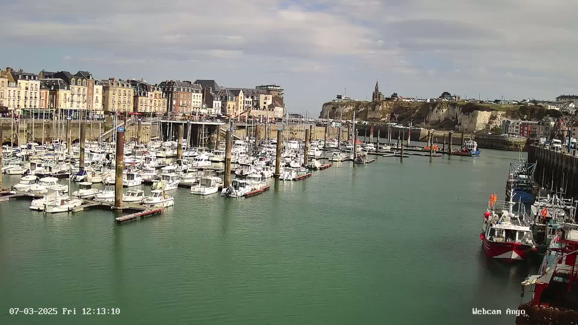 A harbor filled with many docked boats is situated in front of a town with multi-story buildings under a partly cloudy sky.