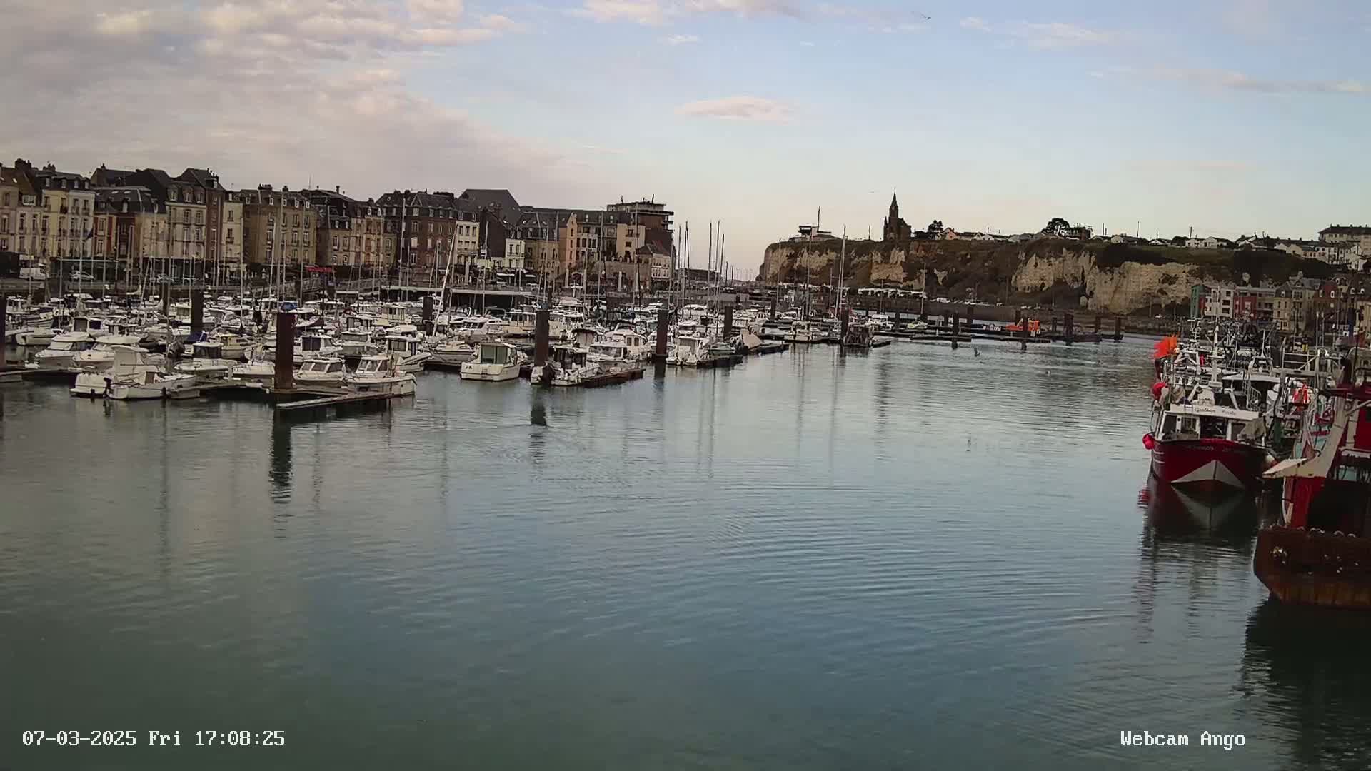 A calm harbor filled with numerous boats, some docked and others at sea, sits in front of a town with buildings lining the waterfront, under a partly cloudy sky.