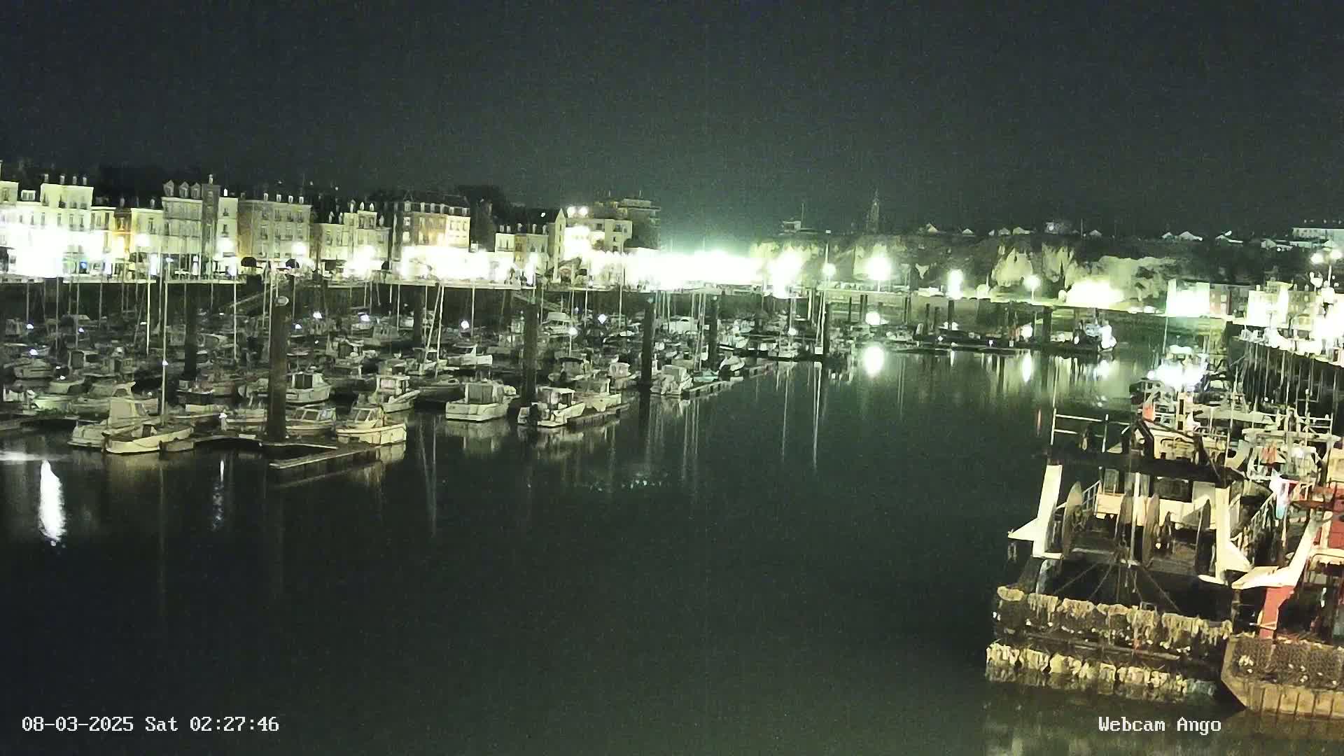 A nighttime harbor scene shows many boats docked along a waterfront lined with buildings, under a dark sky.