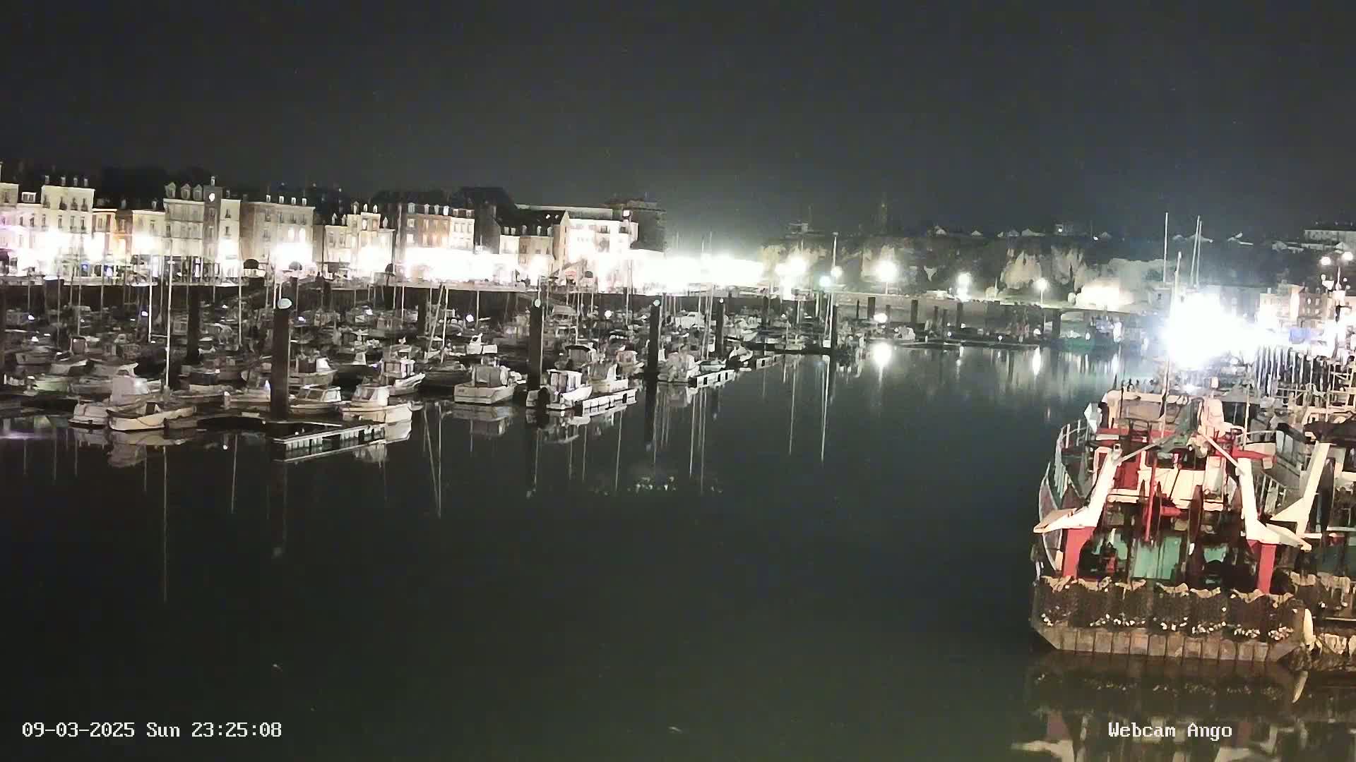 A harbor filled with numerous boats at night, reflecting the lights of buildings lining the waterfront under a dark sky.