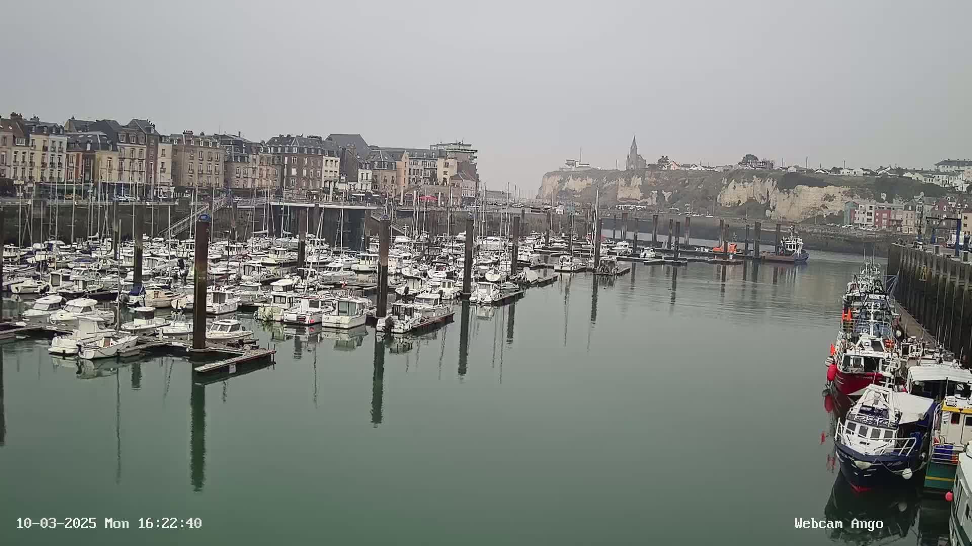 A harbor filled with numerous docked boats is situated before a town of multi-story buildings and a cliff face under an overcast sky.