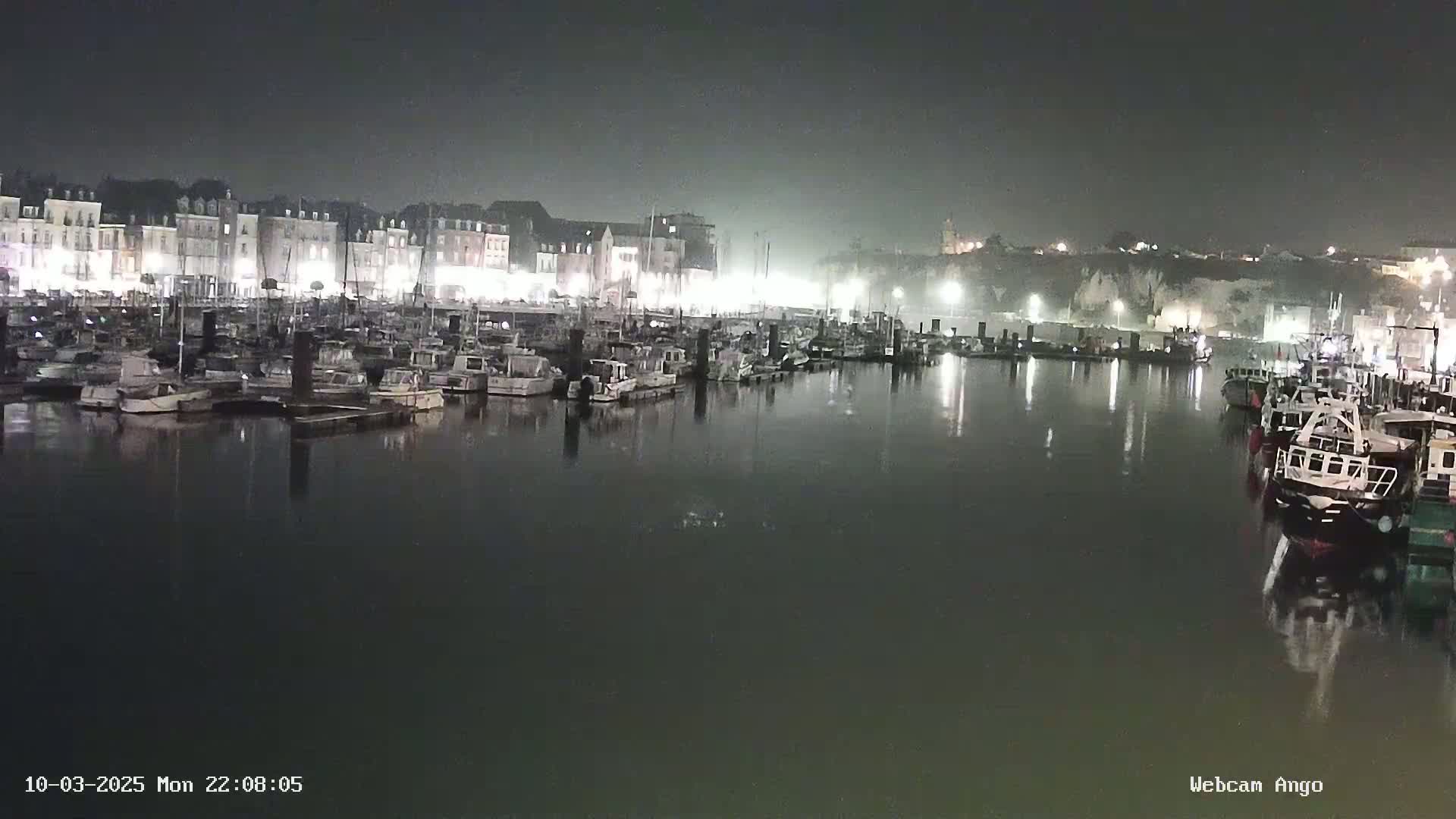 A nighttime harbor scene shows many boats moored alongside a waterfront lined with buildings under a hazy sky.
