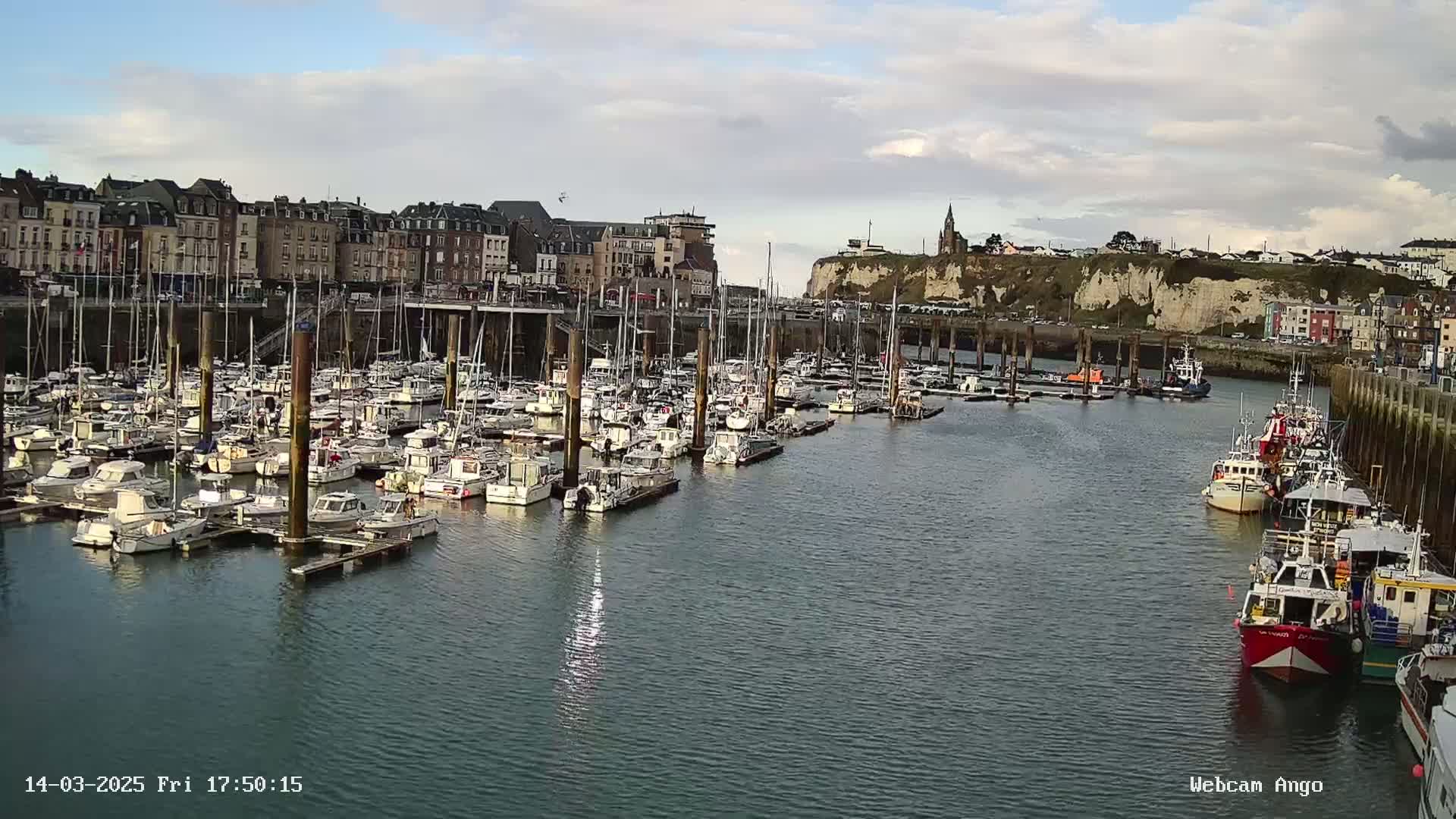 A harbor filled with numerous boats and yachts is situated in front of a town built along a cliffside, under a partly cloudy sky.