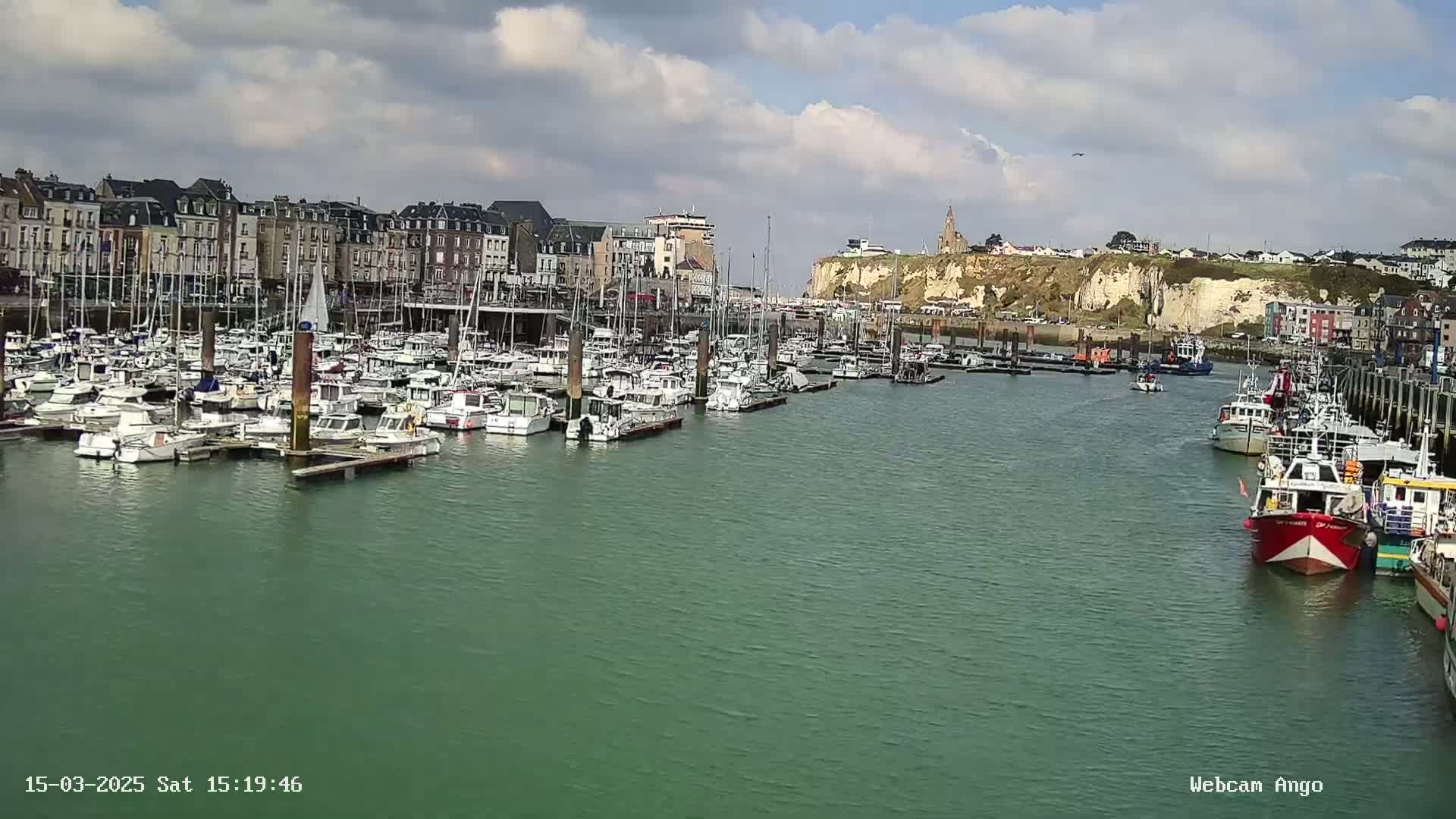 A harbor filled with numerous boats and yachts is situated in front of a town under partly cloudy skies.