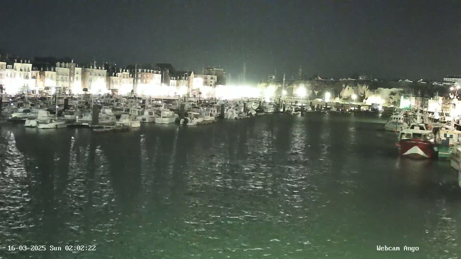 A nighttime view of a harbor filled with numerous boats, docked alongside a waterfront lined with buildings under a dark, possibly slightly overcast sky.
