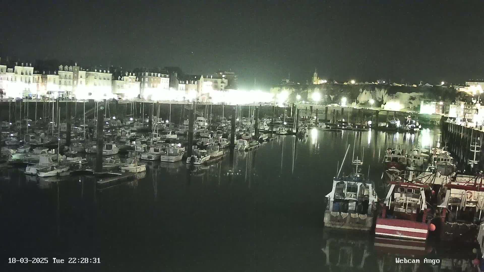 A nighttime view of a harbor filled with numerous boats docked alongside a brightly lit waterfront.