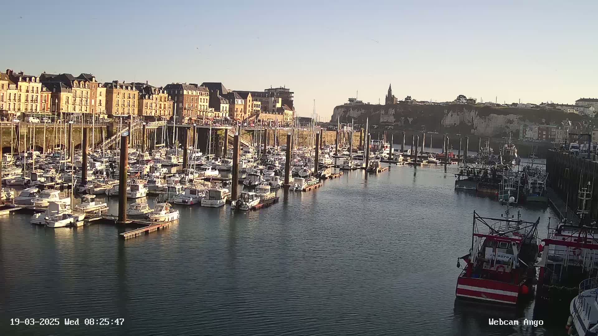 A harbor filled with many boats and yachts is situated next to a town built along a cliffside on a clear, sunny day.