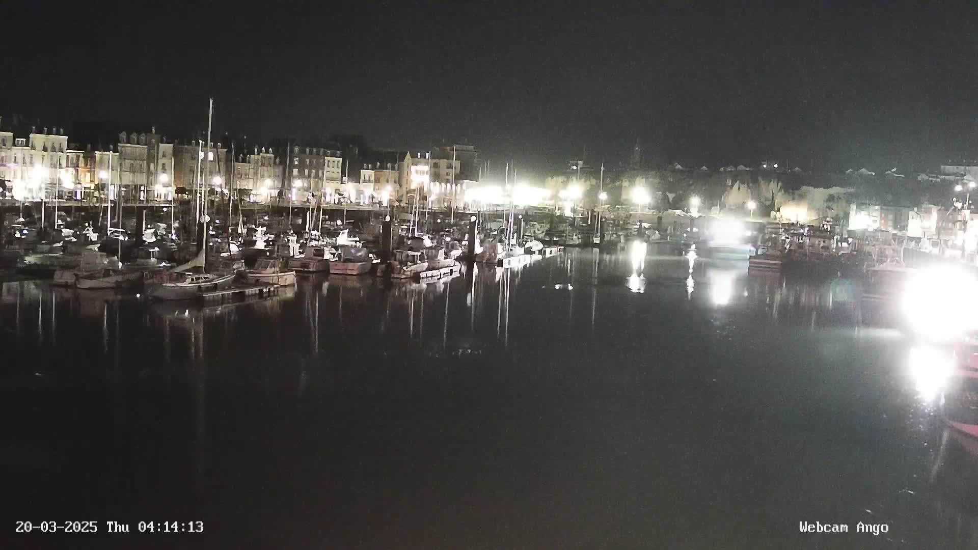 A nighttime view of a harbor filled with numerous boats, docked alongside a brightly lit waterfront.