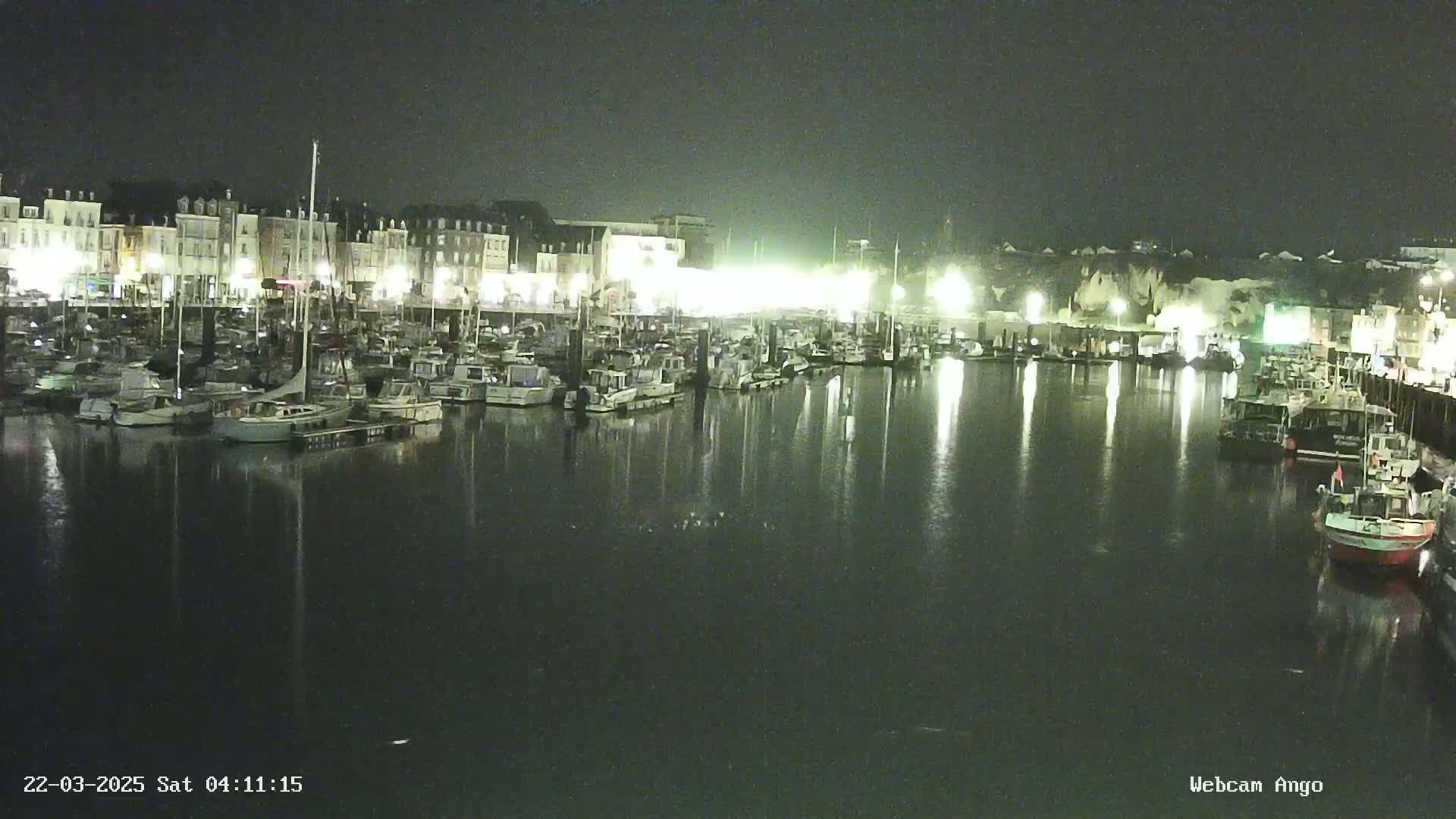 A nighttime harbor filled with numerous boats is illuminated by lights from buildings along the shoreline.