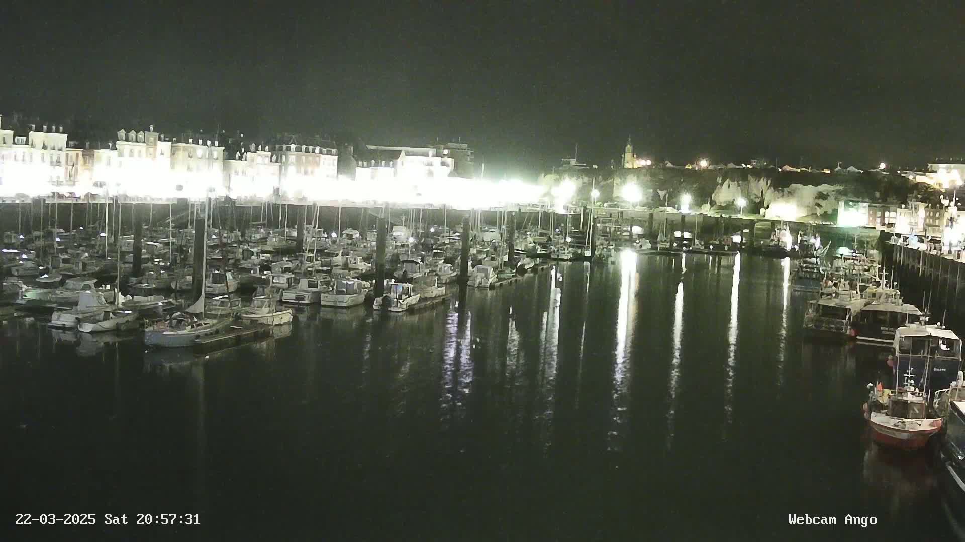 A nighttime view of a harbor filled with numerous boats docked alongside a brightly lit waterfront.