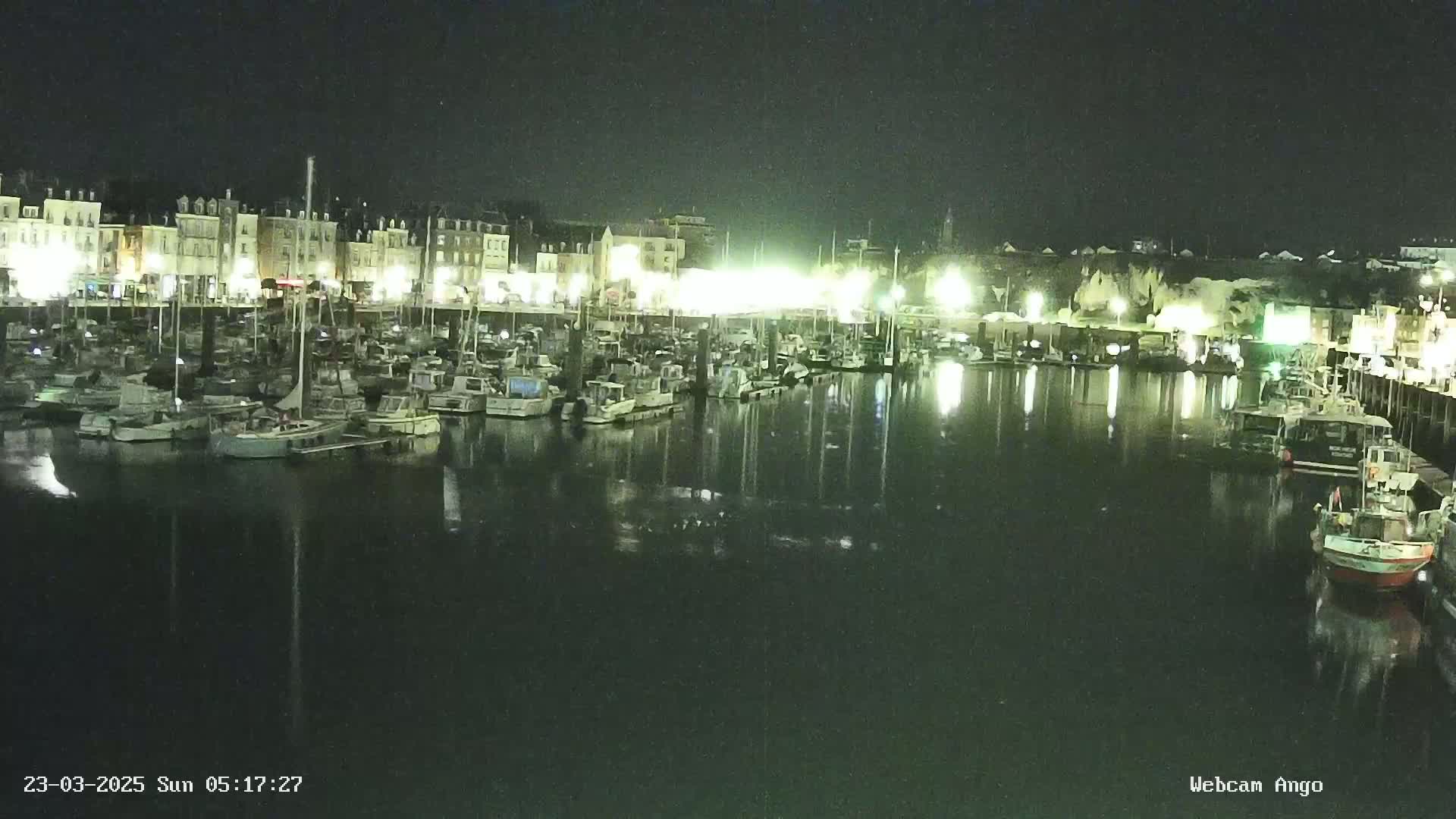 A nighttime view of a harbor filled with numerous boats moored alongside a waterfront lined with illuminated buildings.