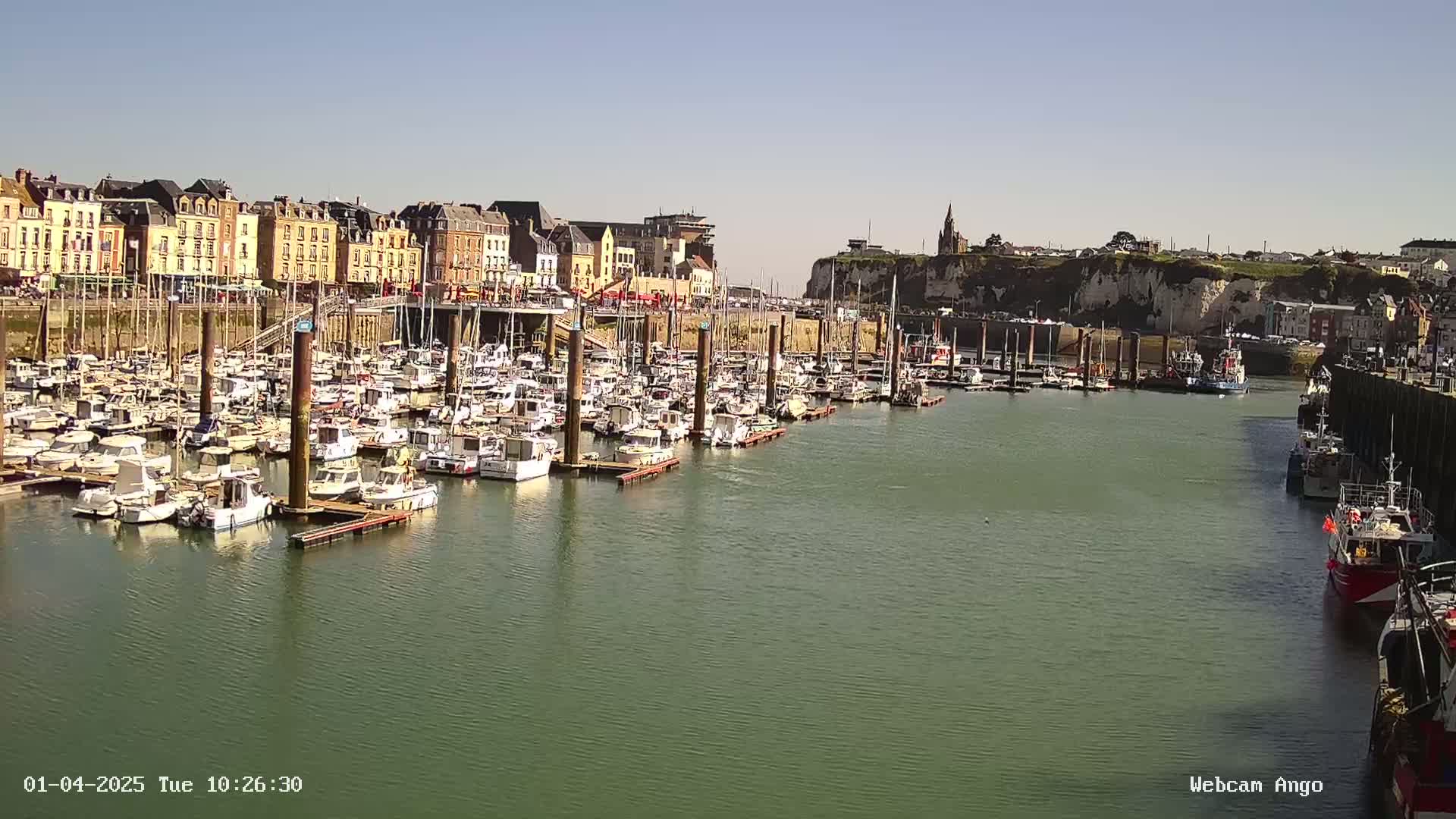 A marina filled with many boats is situated in front of a town with buildings lining the waterfront on a clear, sunny day.