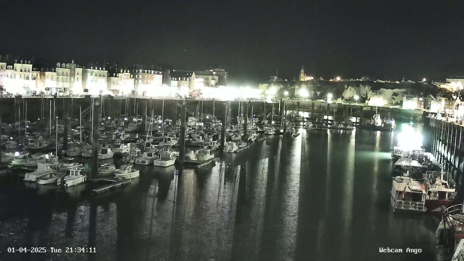 A nighttime view of a marina filled with numerous boats, reflecting the lights of a nearby town situated on a cliffside under a clear, dark sky.