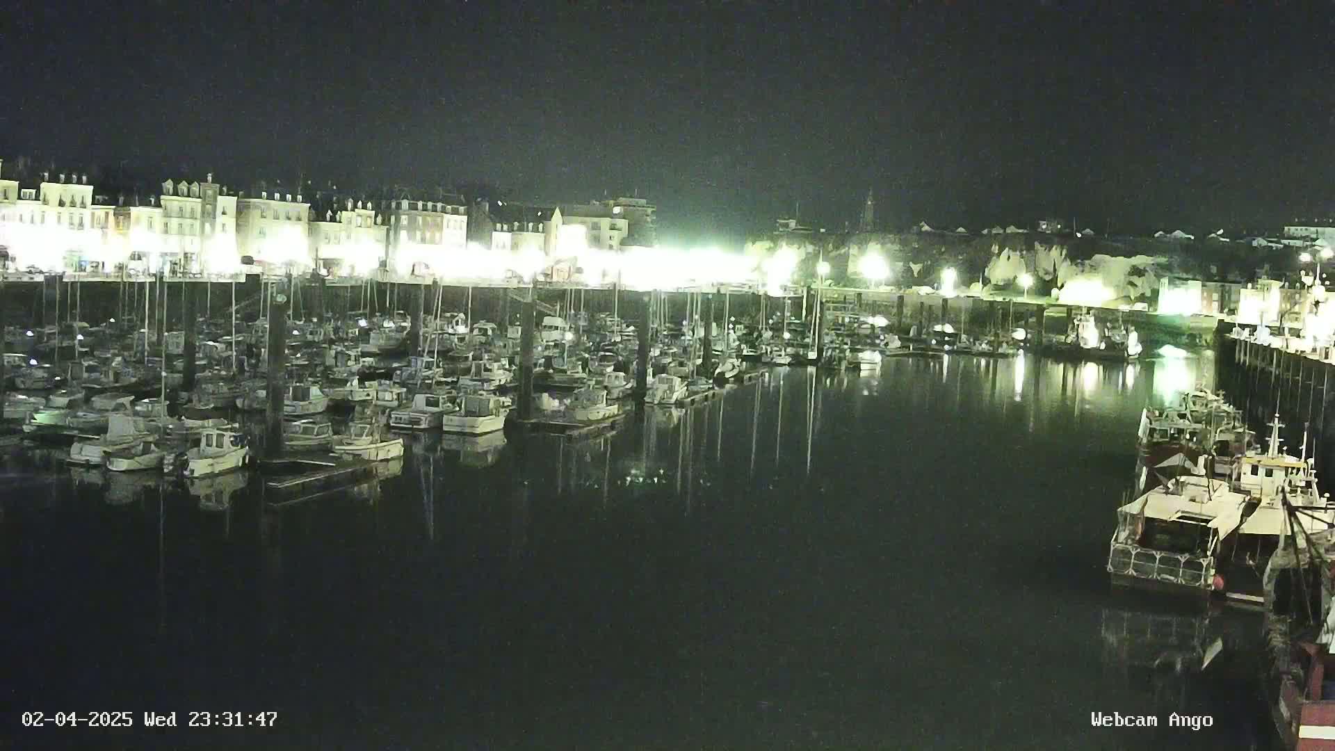 A nighttime view of a harbor filled with numerous boats docked alongside a waterfront illuminated by lights.