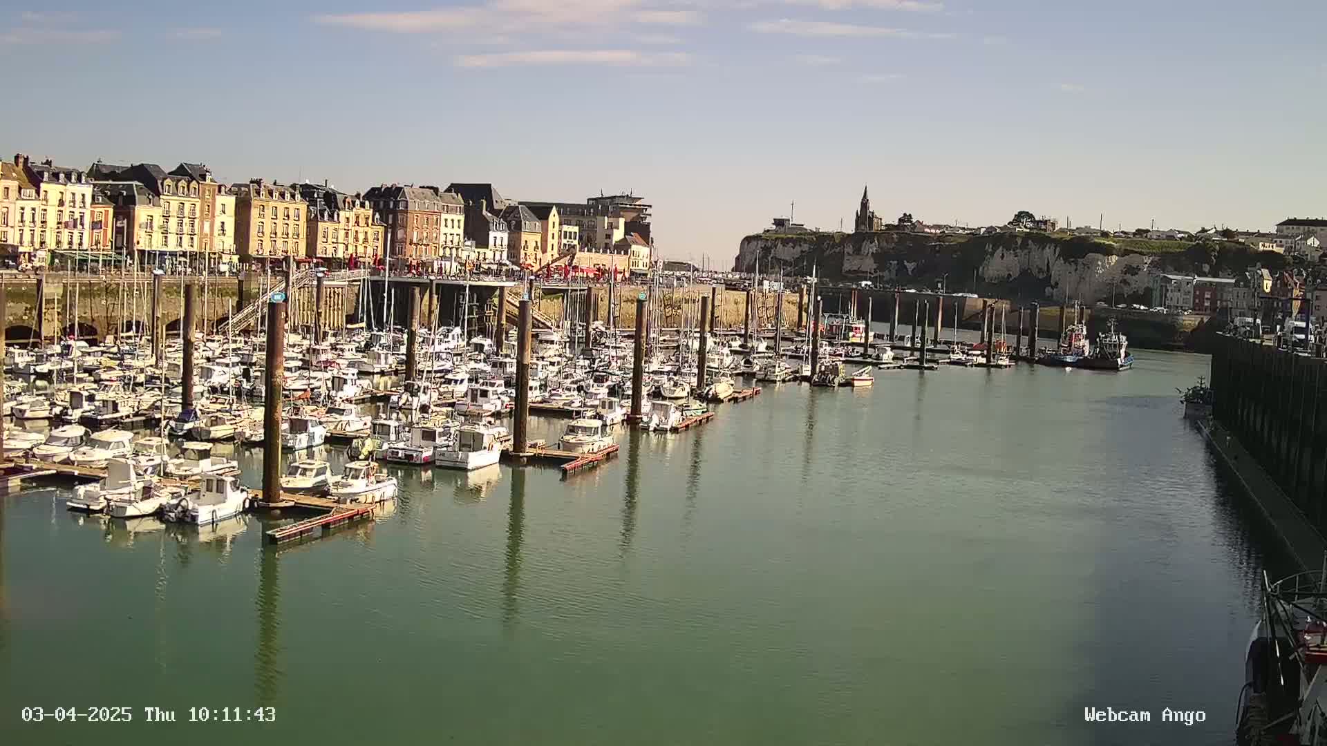 A marina filled with numerous boats is situated in front of a town built along a cliffside on a sunny day.