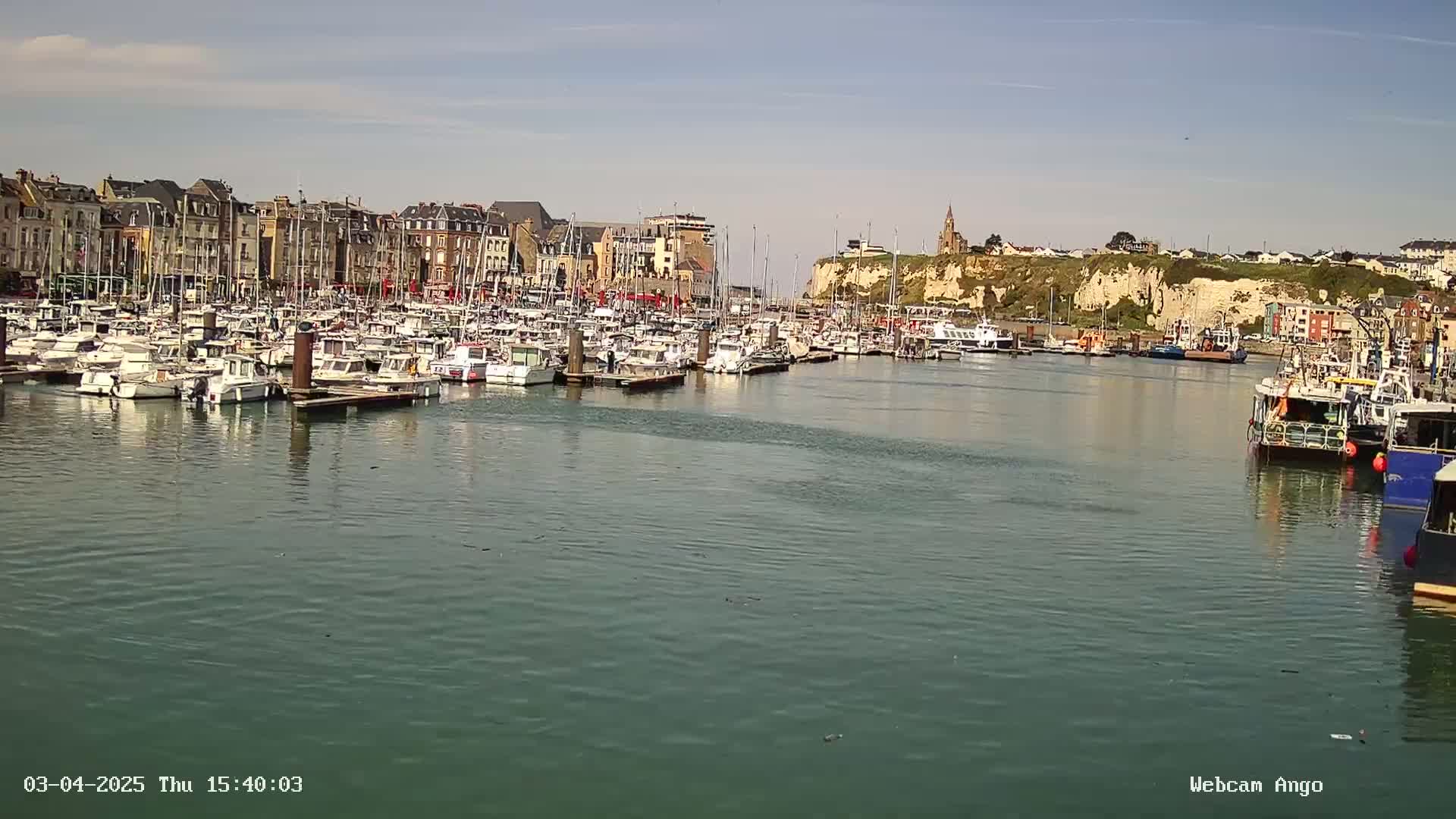 A harbor filled with many boats is situated in front of a town with buildings lining the waterfront, under a sunny sky.