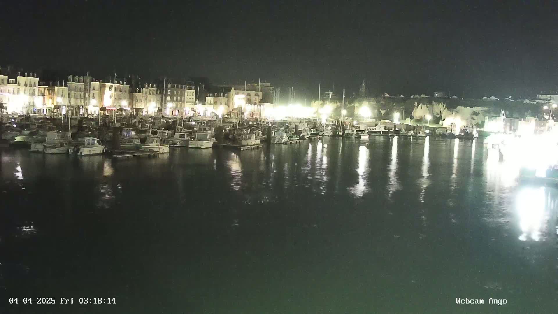 A nighttime harbor filled with numerous boats is illuminated by building lights, reflecting on calm water.