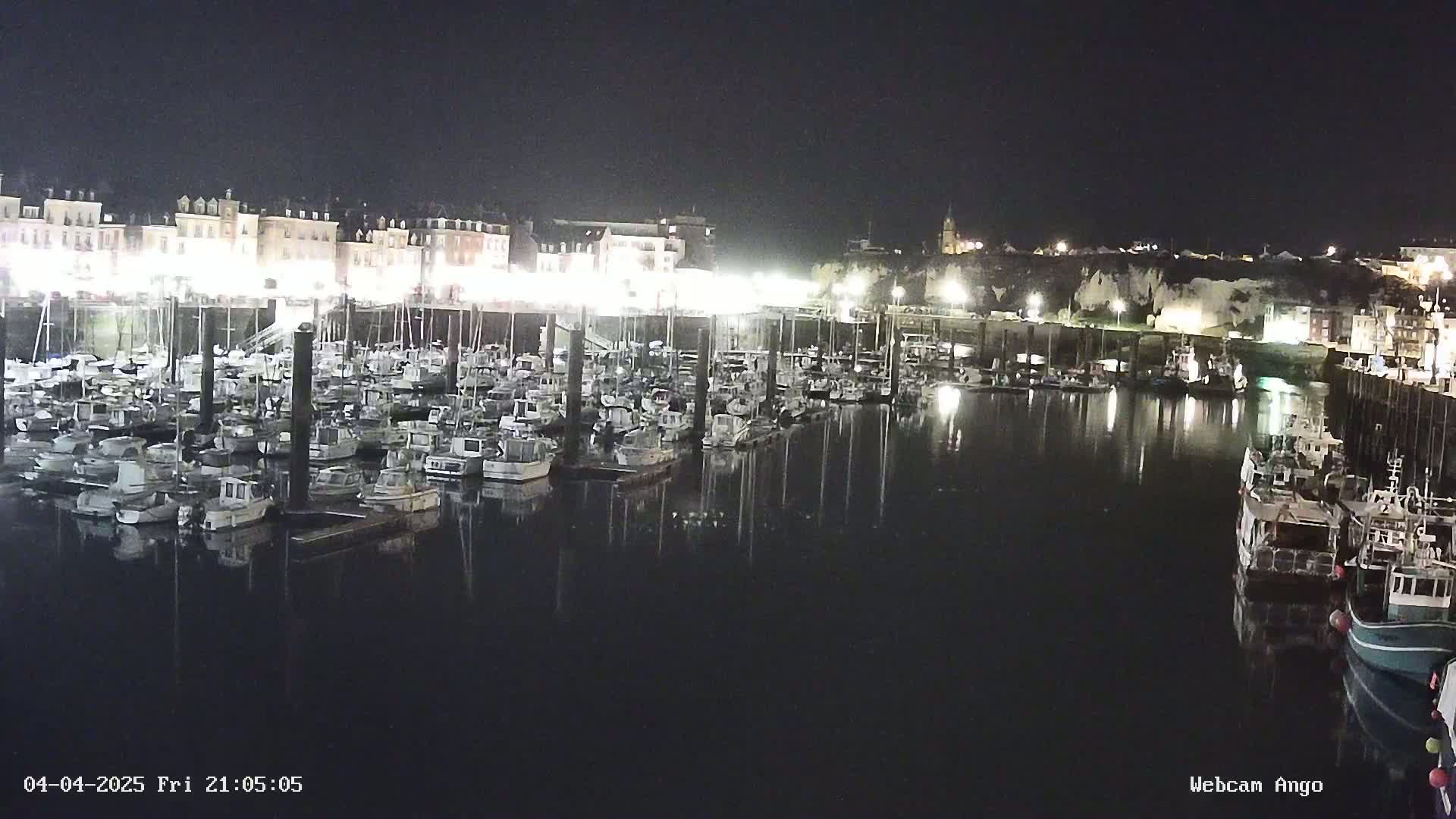 A nighttime harbor filled with many boats docked along a waterfront, illuminated by lights from buildings on a cliff behind.