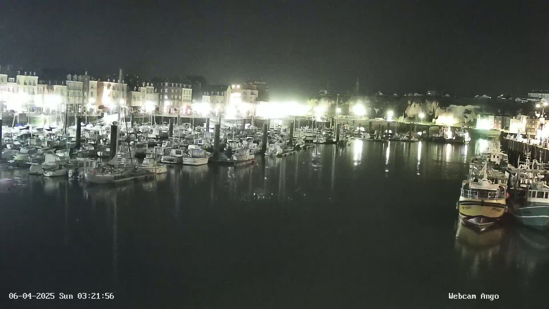 Numerous boats are docked in a harbor at night, illuminated by lights from buildings lining the waterfront.
