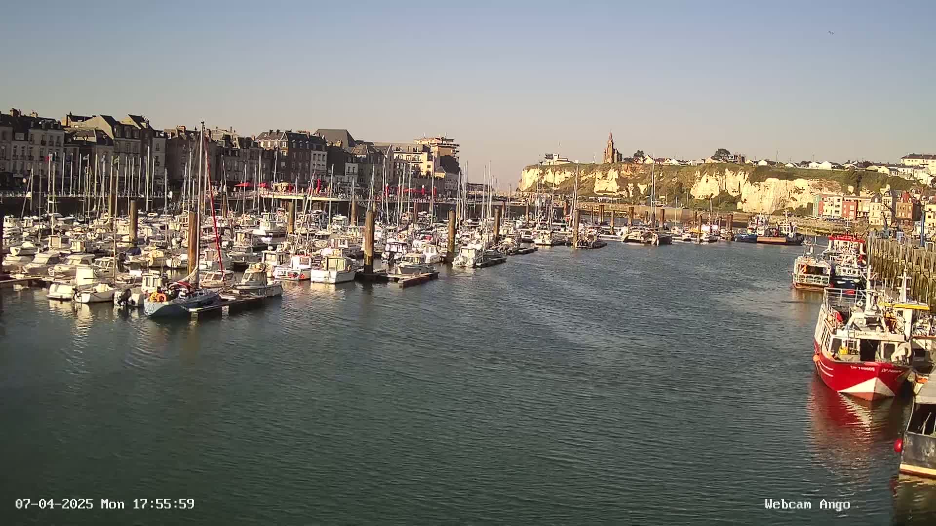 A harbor filled with numerous boats is situated in front of a town built against a cliff face under a clear, sunny sky.