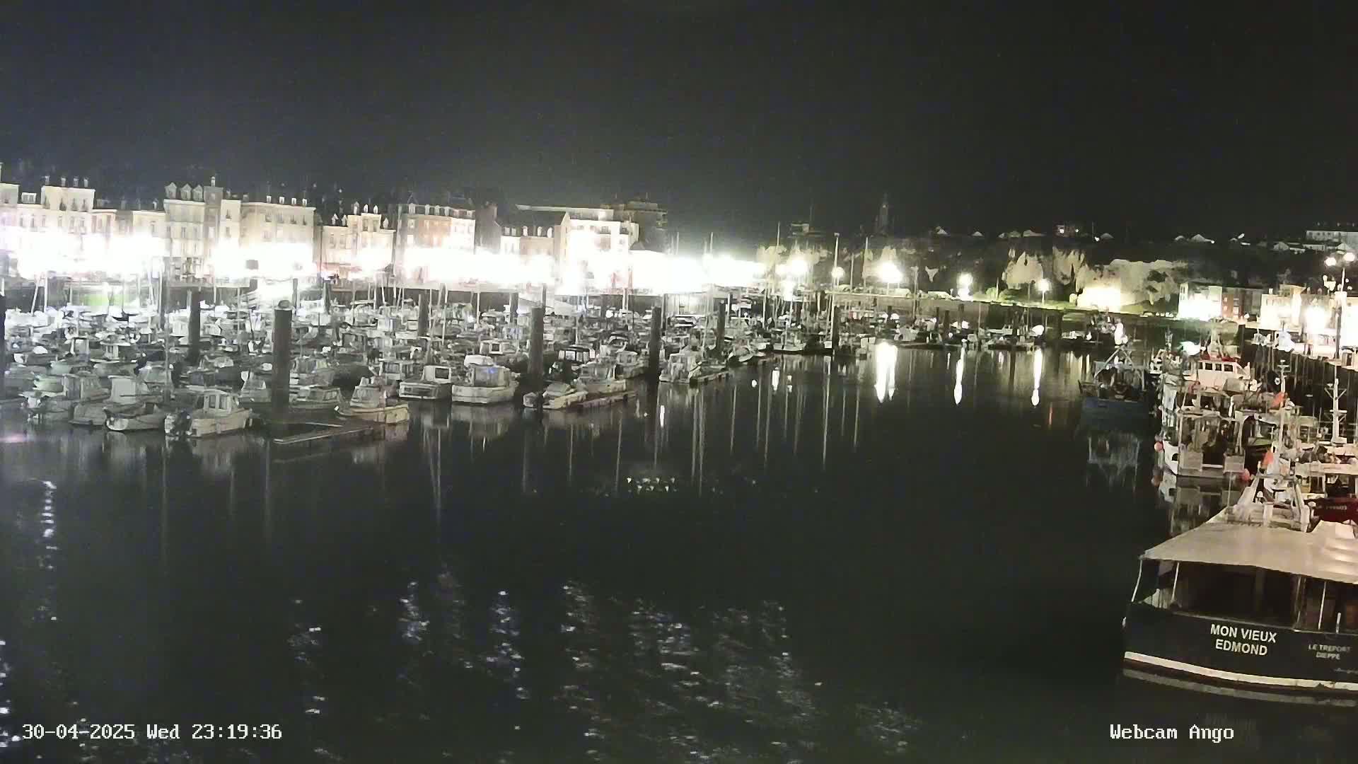A nighttime view of a harbor filled with many boats docked along a waterfront lined with buildings.