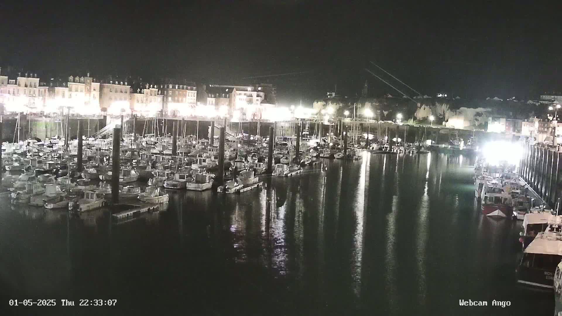 A nighttime view of a harbor filled with docked boats, illuminated by lights along a waterfront building.