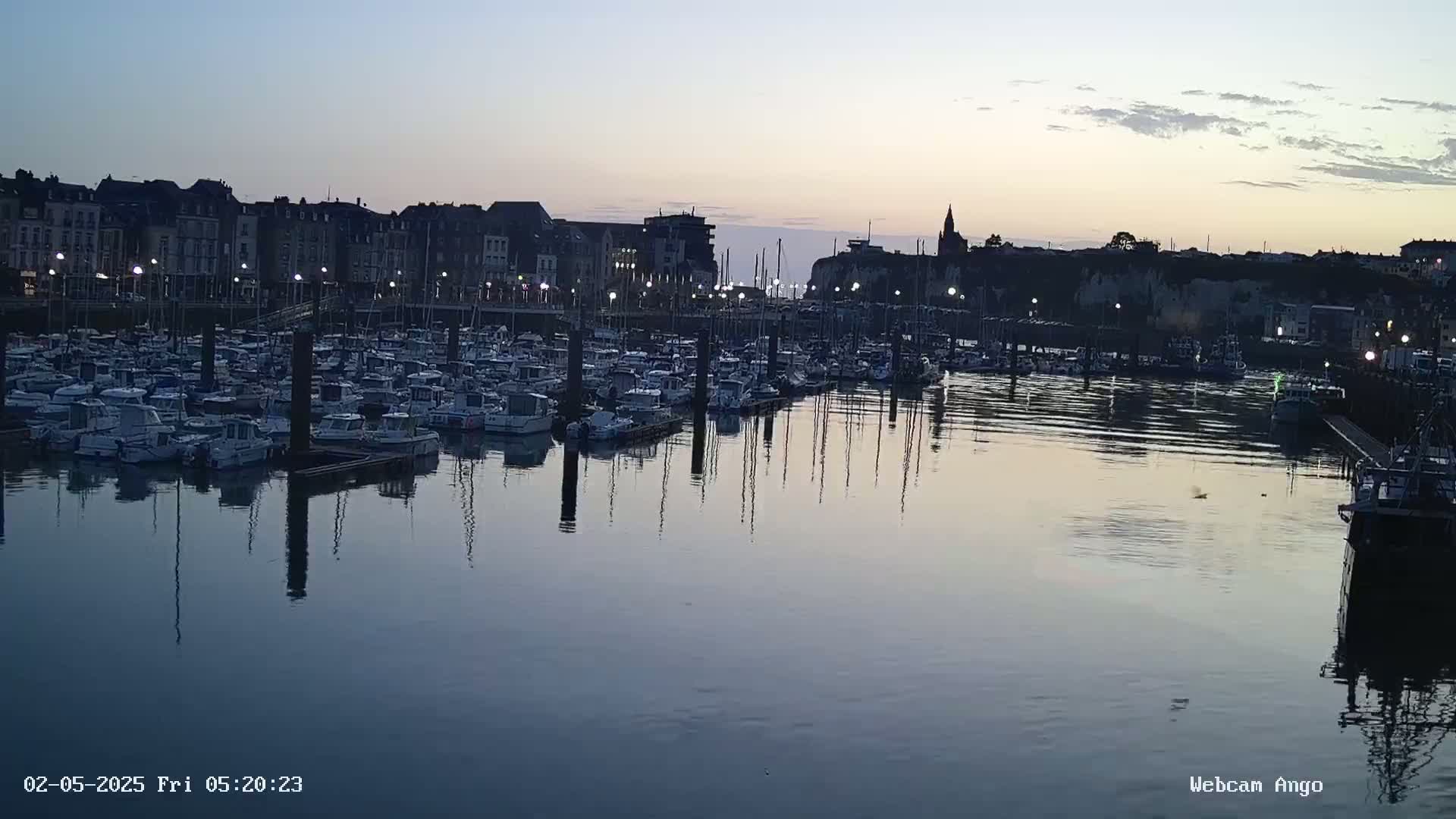 Many boats are moored in a harbor at twilight, with a town's buildings visible in the background.