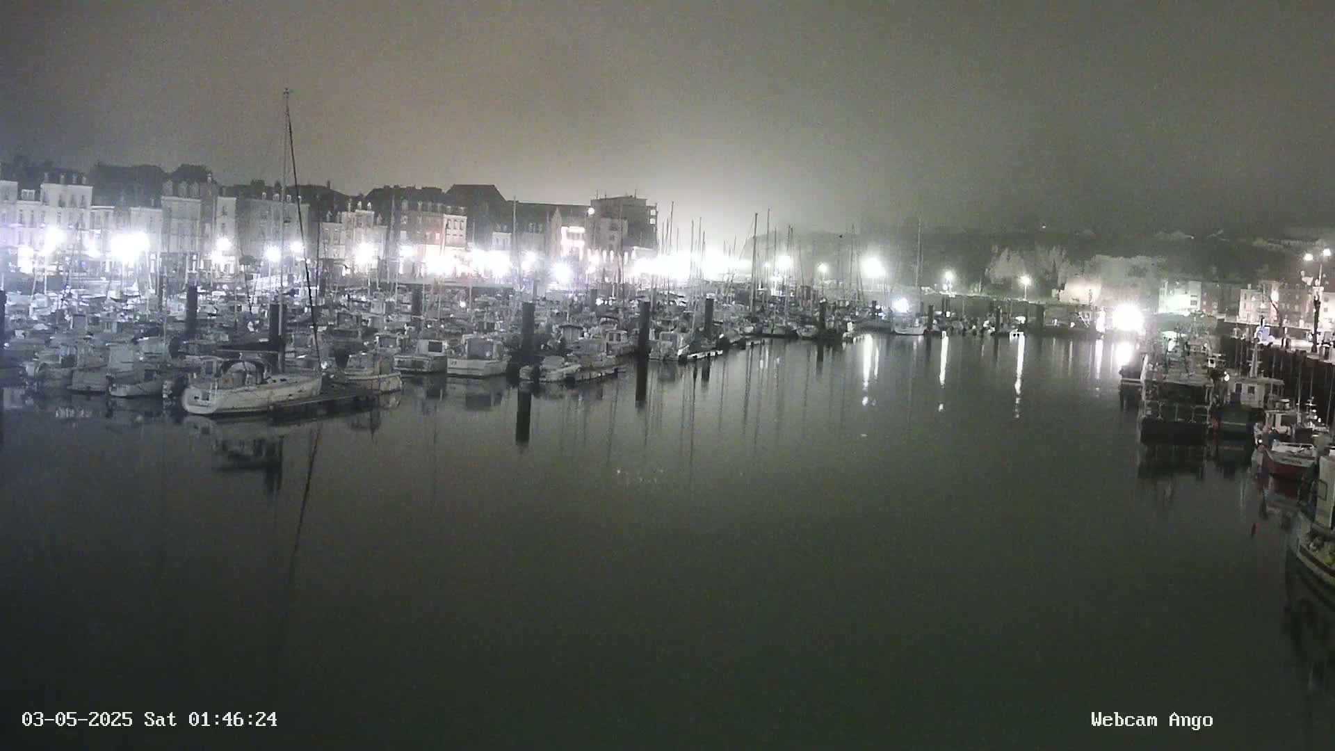 A foggy night scene shows a marina filled with boats moored alongside a waterfront lined with buildings under dim lights.