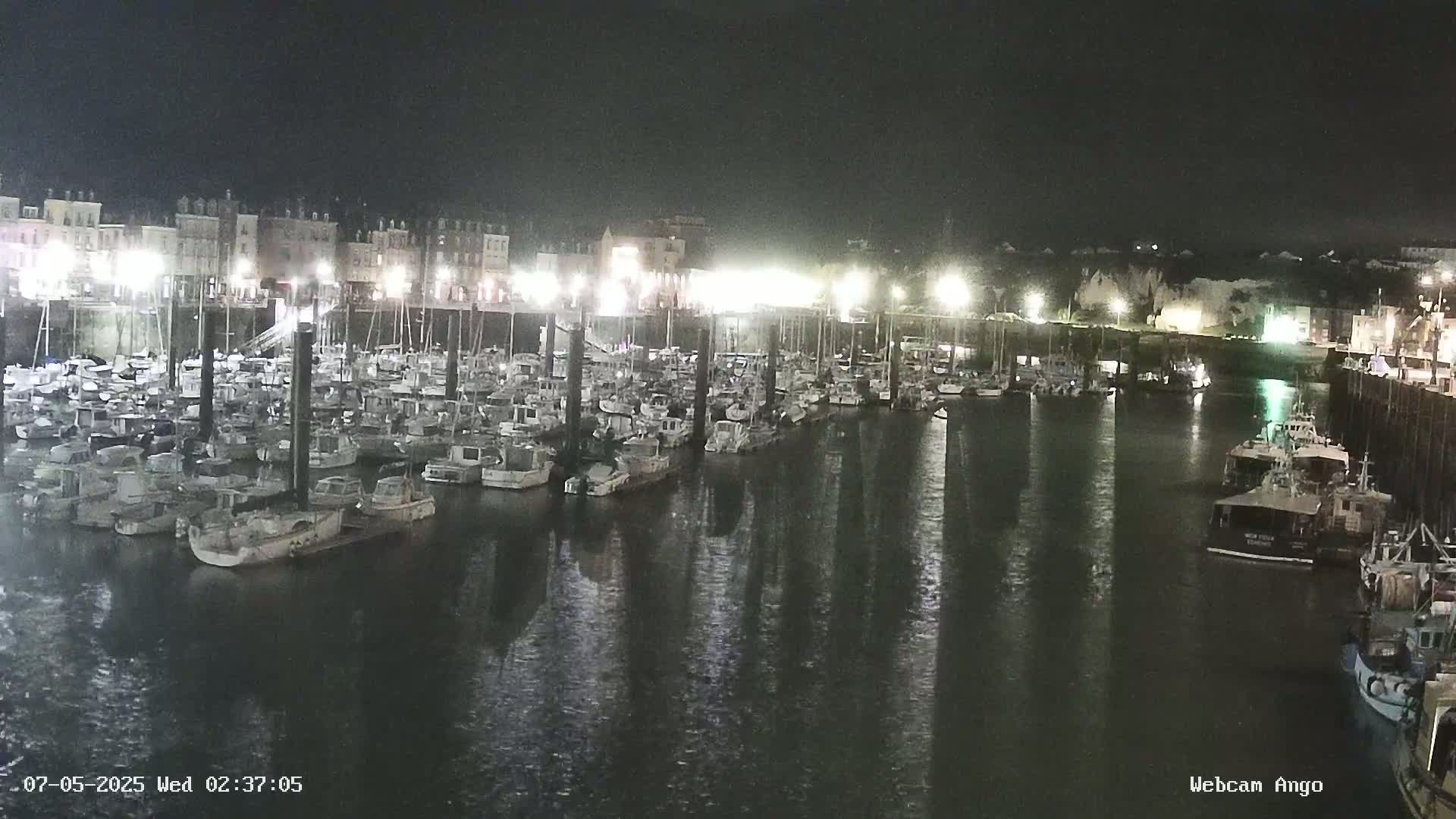 A nighttime view of a harbor filled with numerous boats docked alongside a waterfront lined with buildings.
