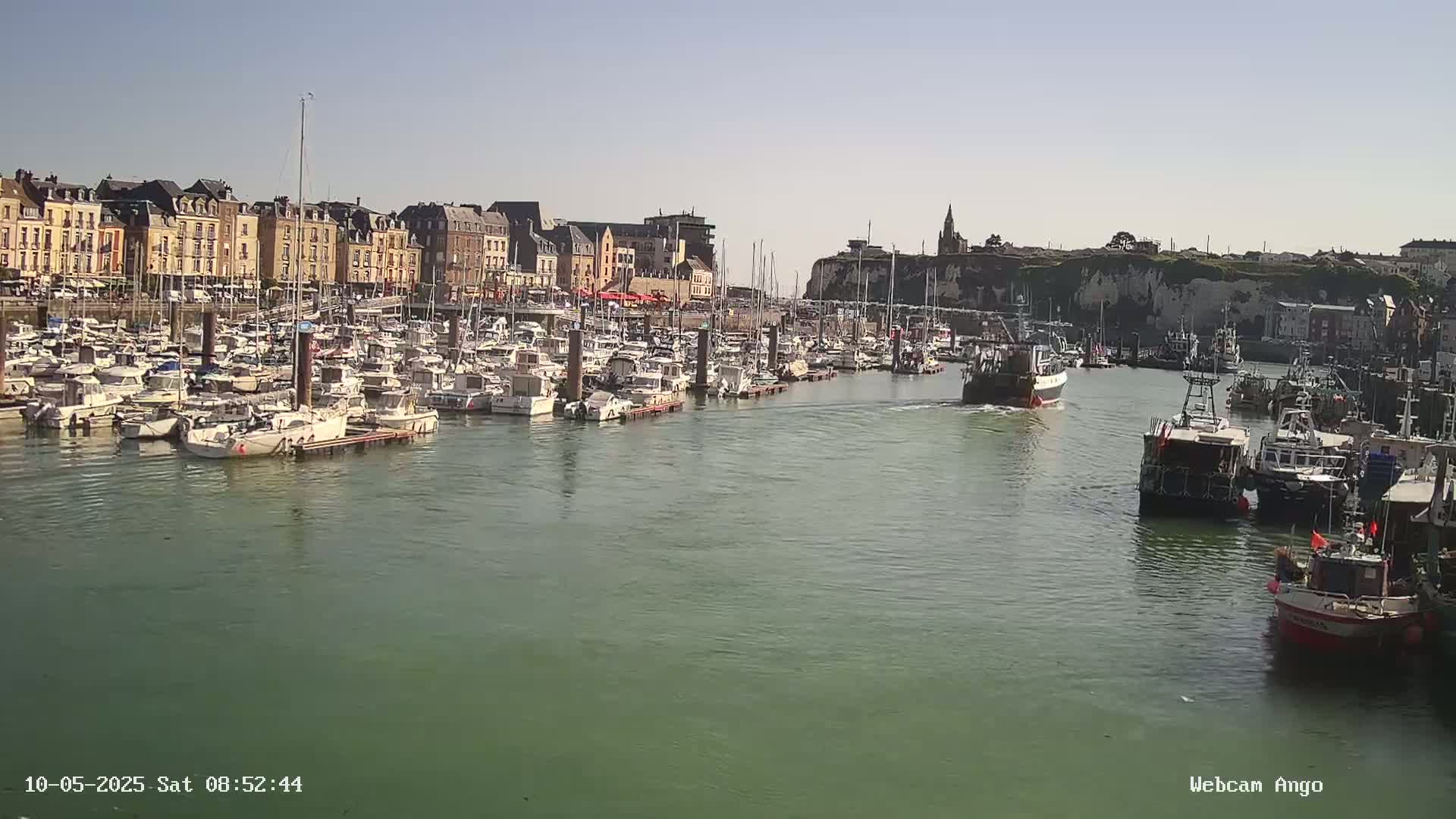 A harbor filled with numerous boats and yachts is situated in front of a town with multi-story buildings under a clear sky.