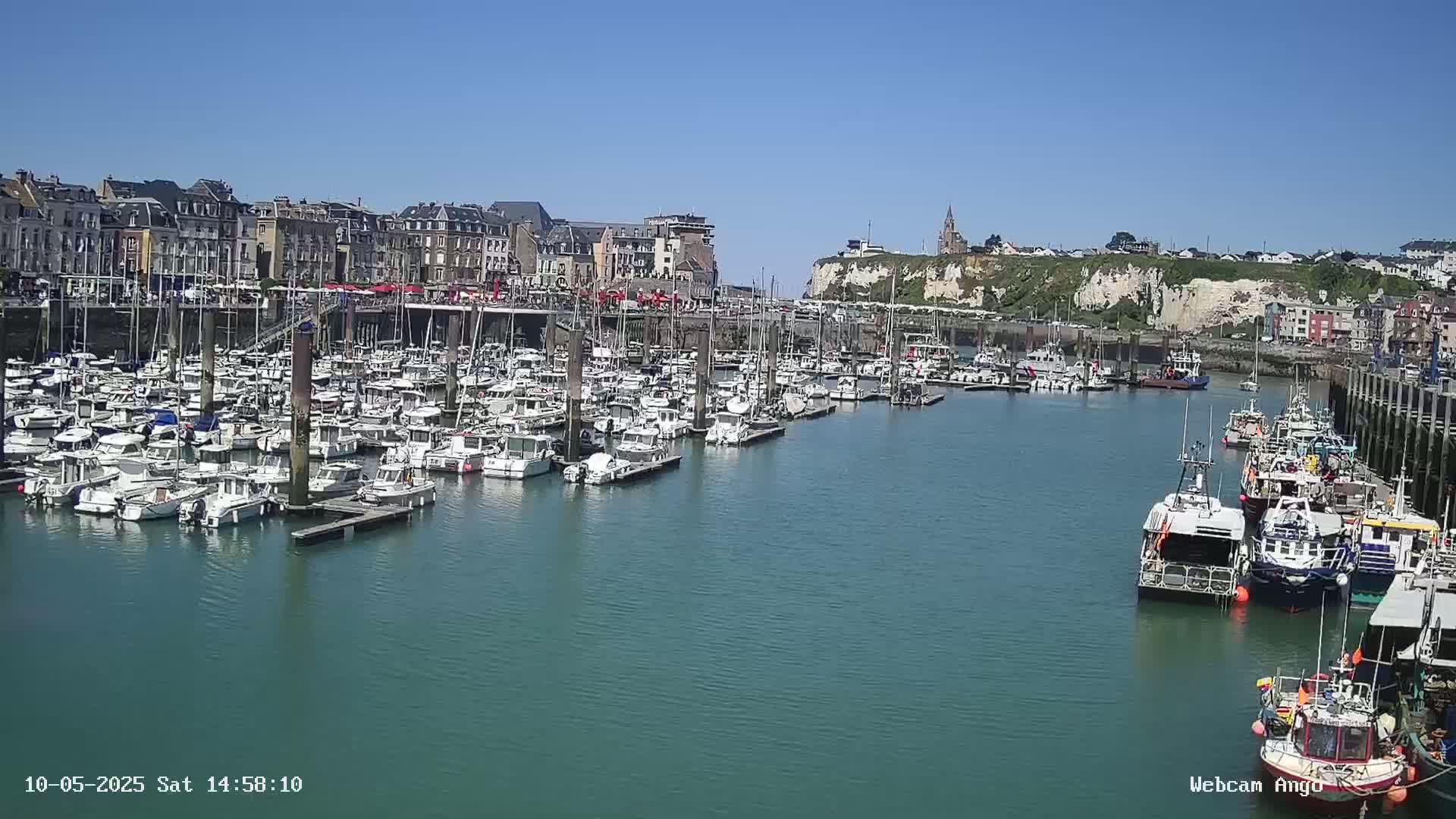 A harbor filled with numerous boats and yachts is situated next to a town under a clear, sunny sky.