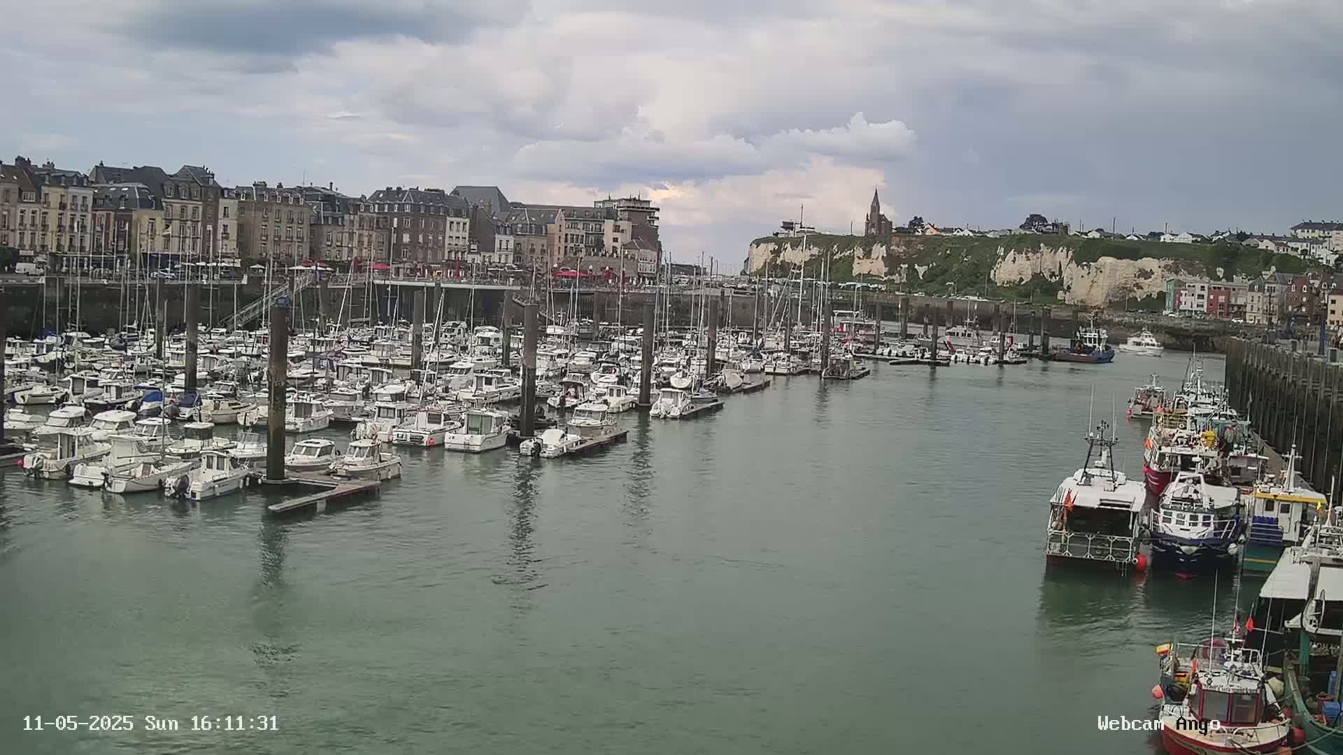 A harbor filled with numerous boats and yachts is situated in front of a town with buildings and a cliff in the background under a cloudy sky.