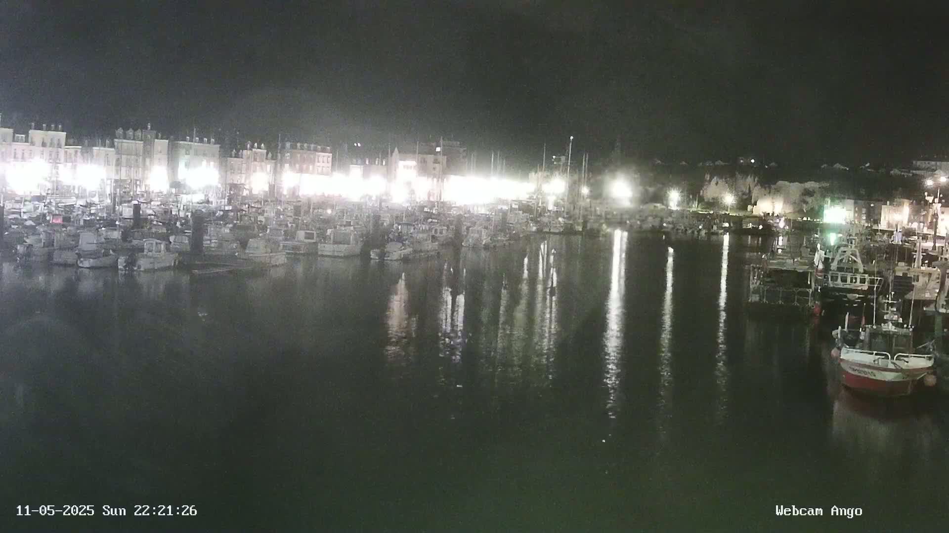 A nighttime harbor scene shows many boats moored at a dock, illuminated by building lights reflecting on the calm water.