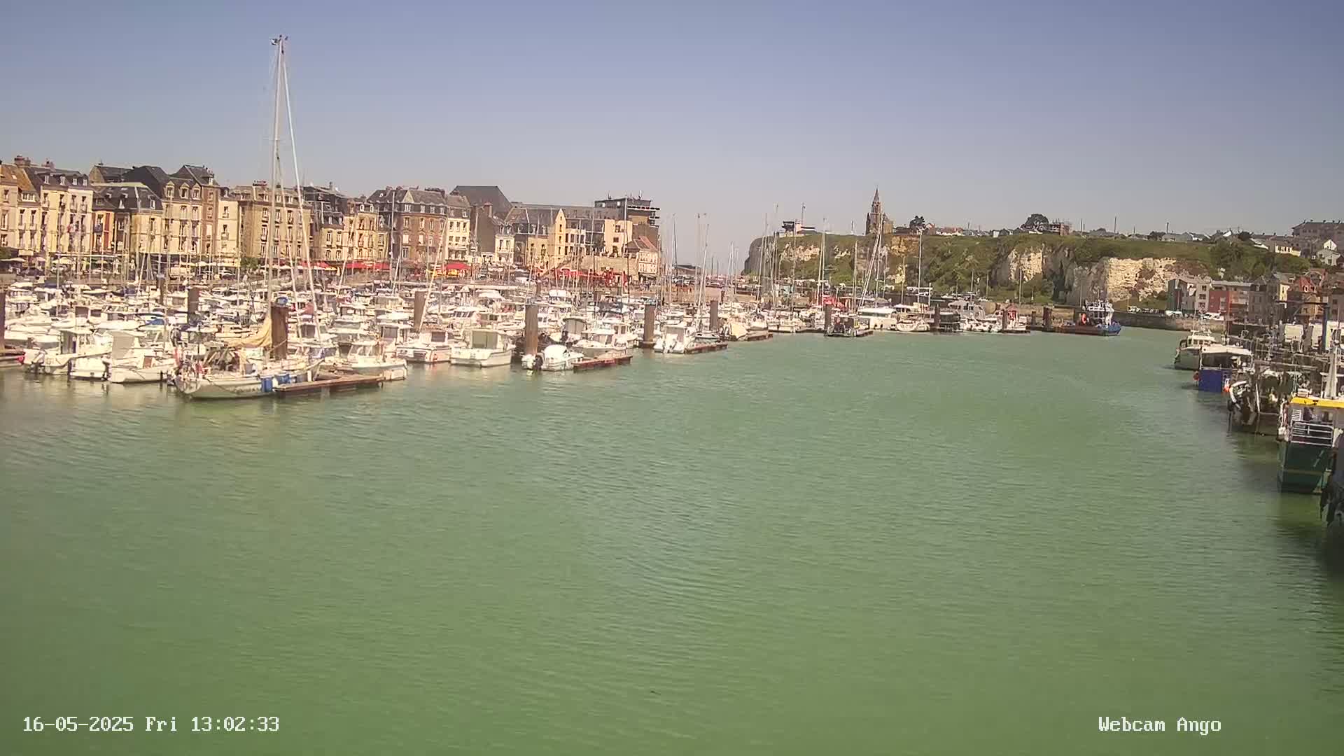 A harbor filled with numerous boats is situated in front of a town built along a cliffside on a sunny day.