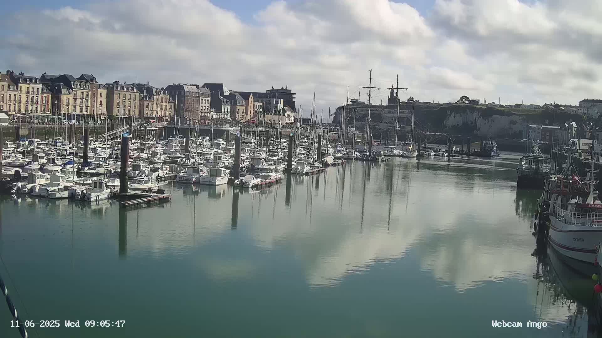 A calm harbor filled with numerous boats is situated in front of a town with multi-story buildings under a partly cloudy sky.