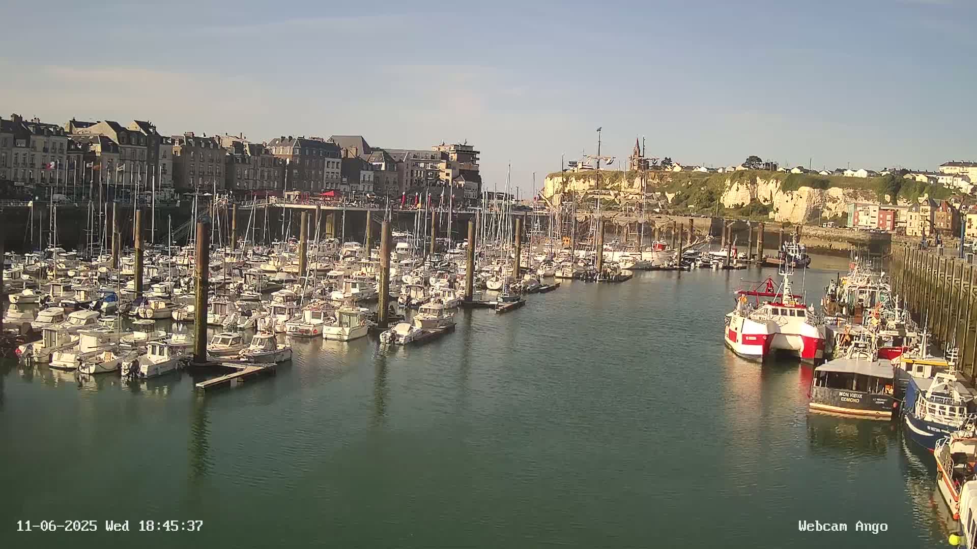 A harbor filled with numerous boats and yachts is situated in front of a town built along a cliff face on a sunny day.
