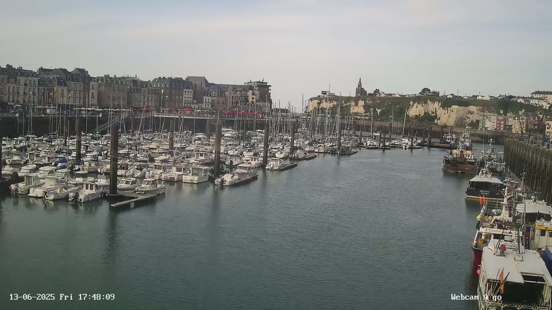 A harbor filled with numerous boats and yachts is situated in front of a town with multi-story buildings under a mostly clear sky.