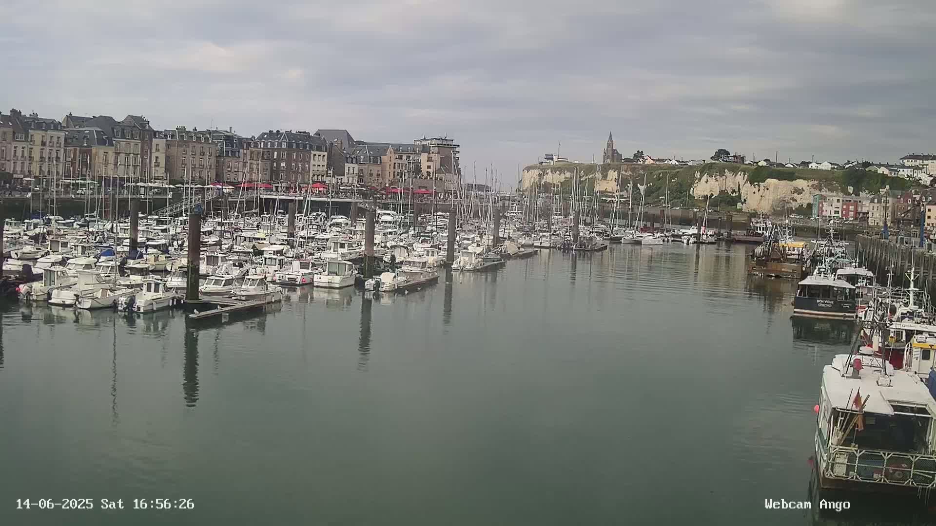 A harbor filled with many boats is situated in front of a town with buildings lining the waterfront under an overcast sky.